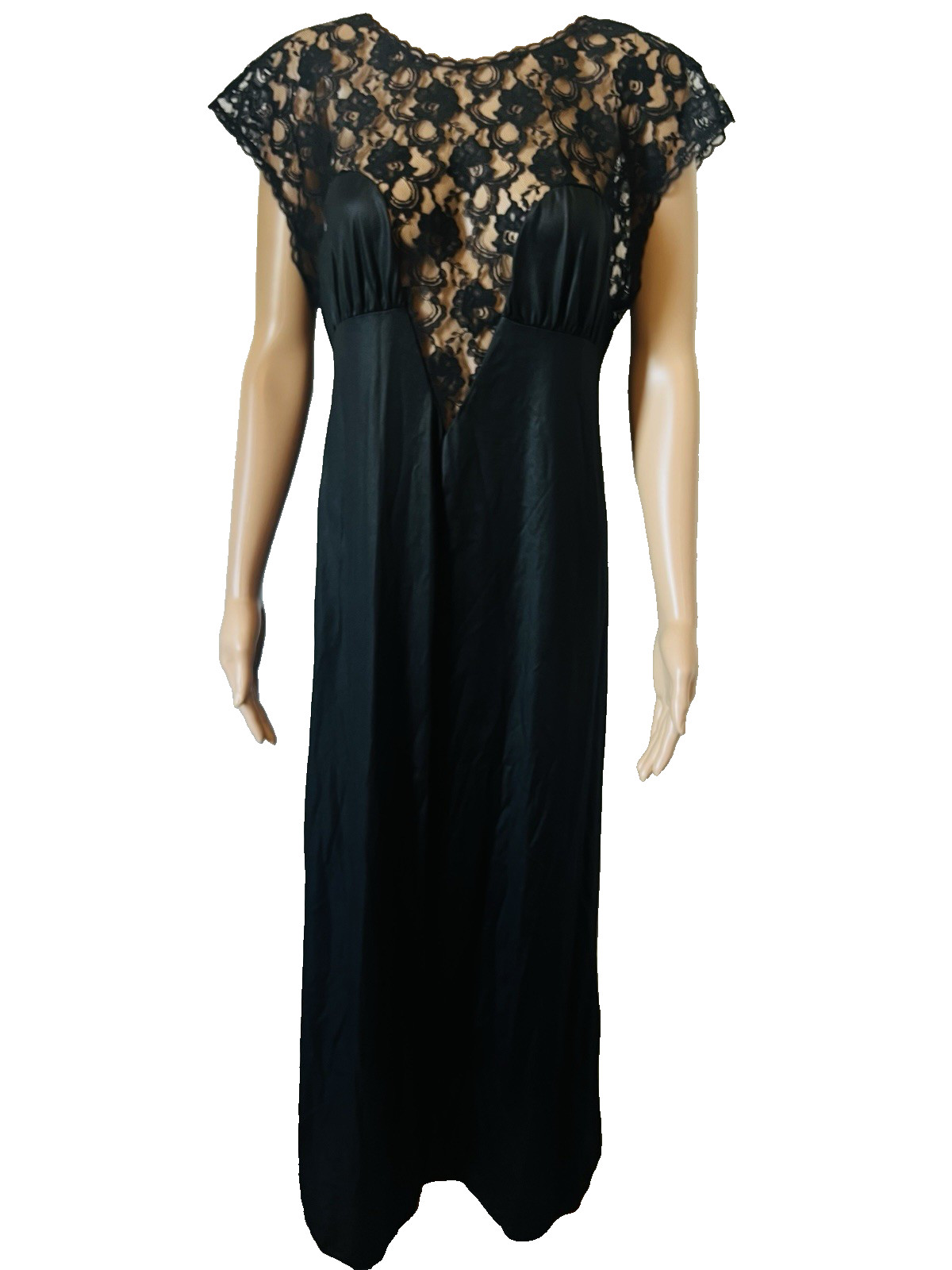 VTG Petra Fashions Black Low Cut Back Floral Lace Bodice LG Nylon Nightgown USA