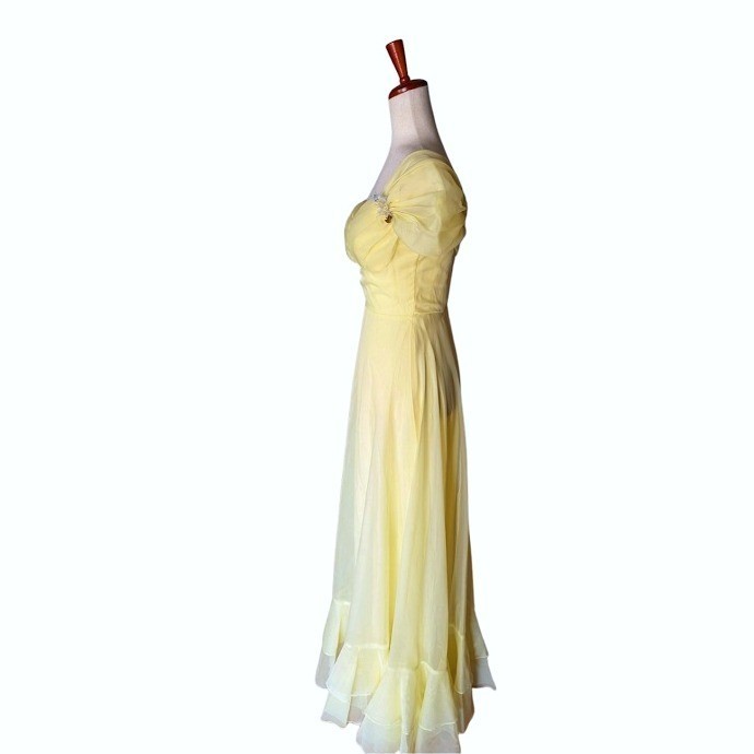 Vintage 70sButter Yellow Chiffon Sweetheart Ruffle Hem Prom Dress Size 7/8