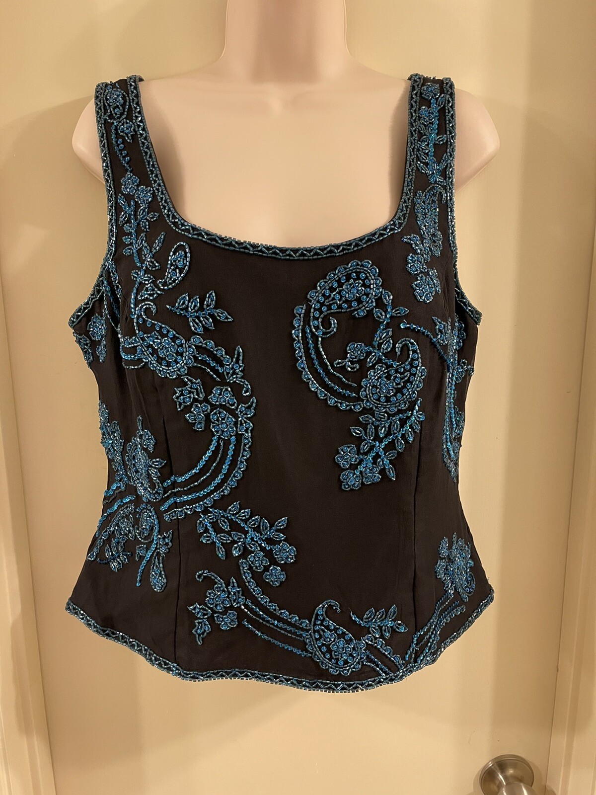 Black Unbranded Sleeveless Tank Top with Ornate Teal Blue Beads Size M/L