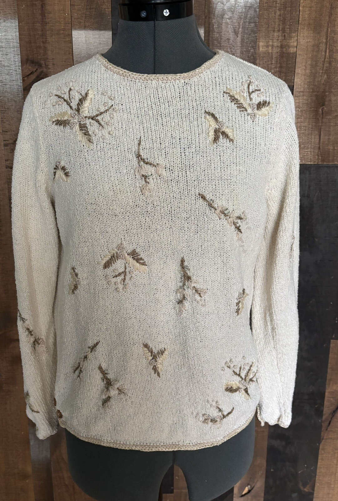 Vintage 90s Talbots Petites Beaded Floral Sweater M Ramie Cotton Beige