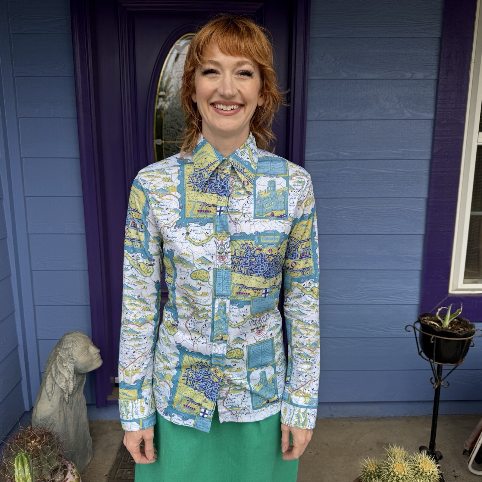 Vintage 70s Polyester Button Up Longsleeved Blouse Map Of London XS Small Blue