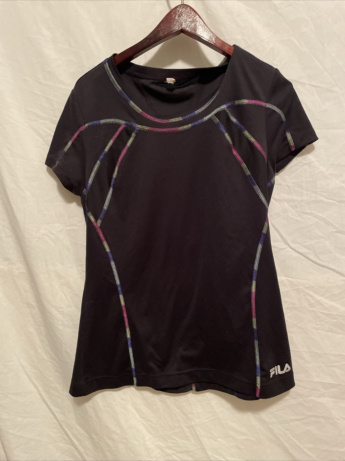FILA Performance Women&rsquo;s Vintage Mesh Back Workout Shirt Neon Color Stitch Sz S
