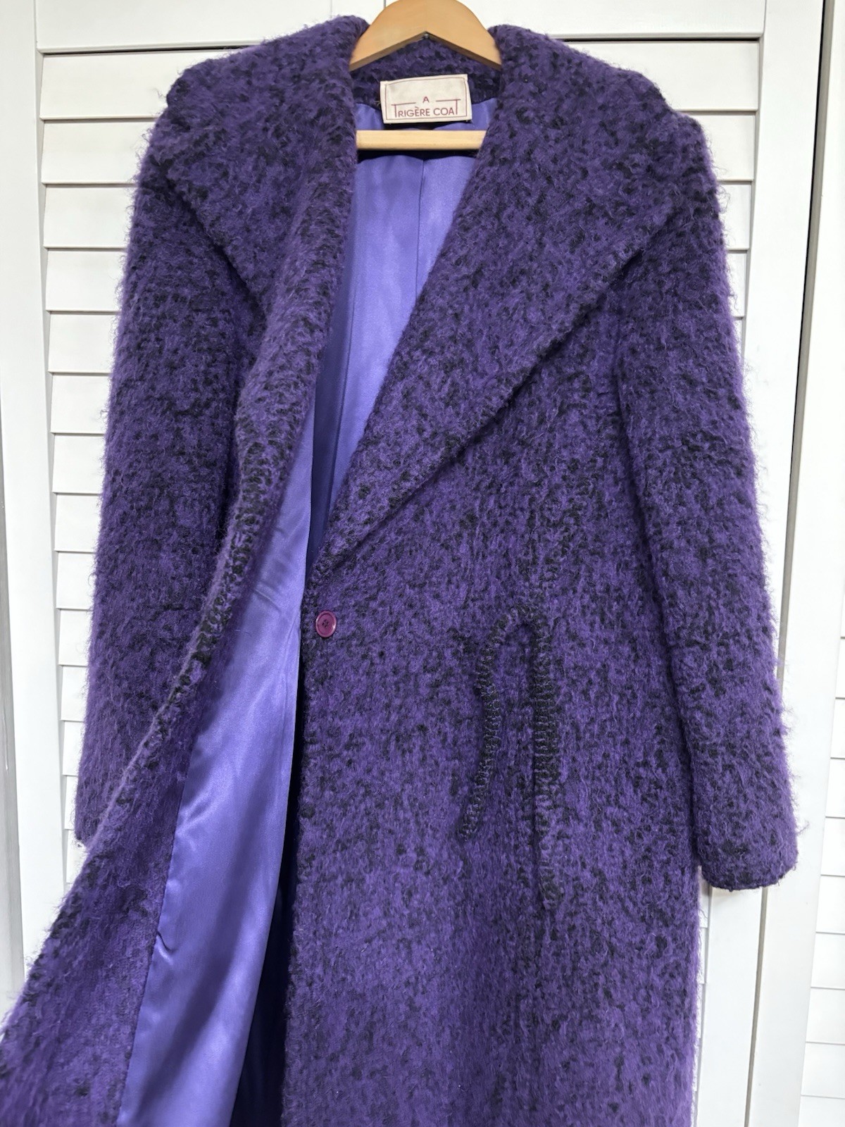 VTG Pauline Trigère Wool Blend Wrap Purple Black Coat Saks Fifth Ave Size 16