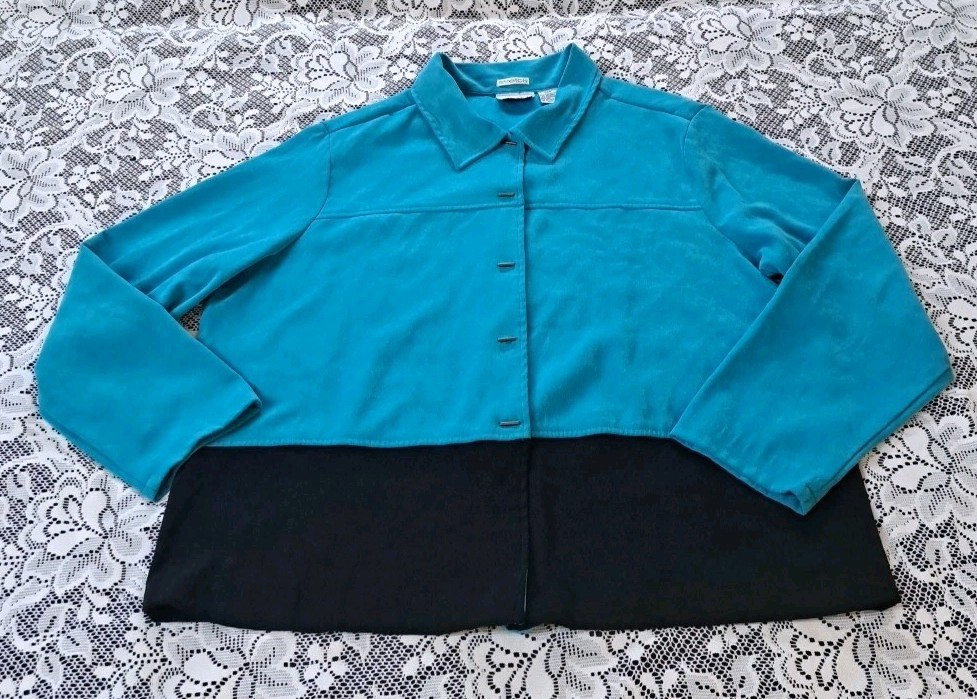 Apparenza Jacket 22W Turquoise & Black Faux Suede Button Front 1990s Vintage