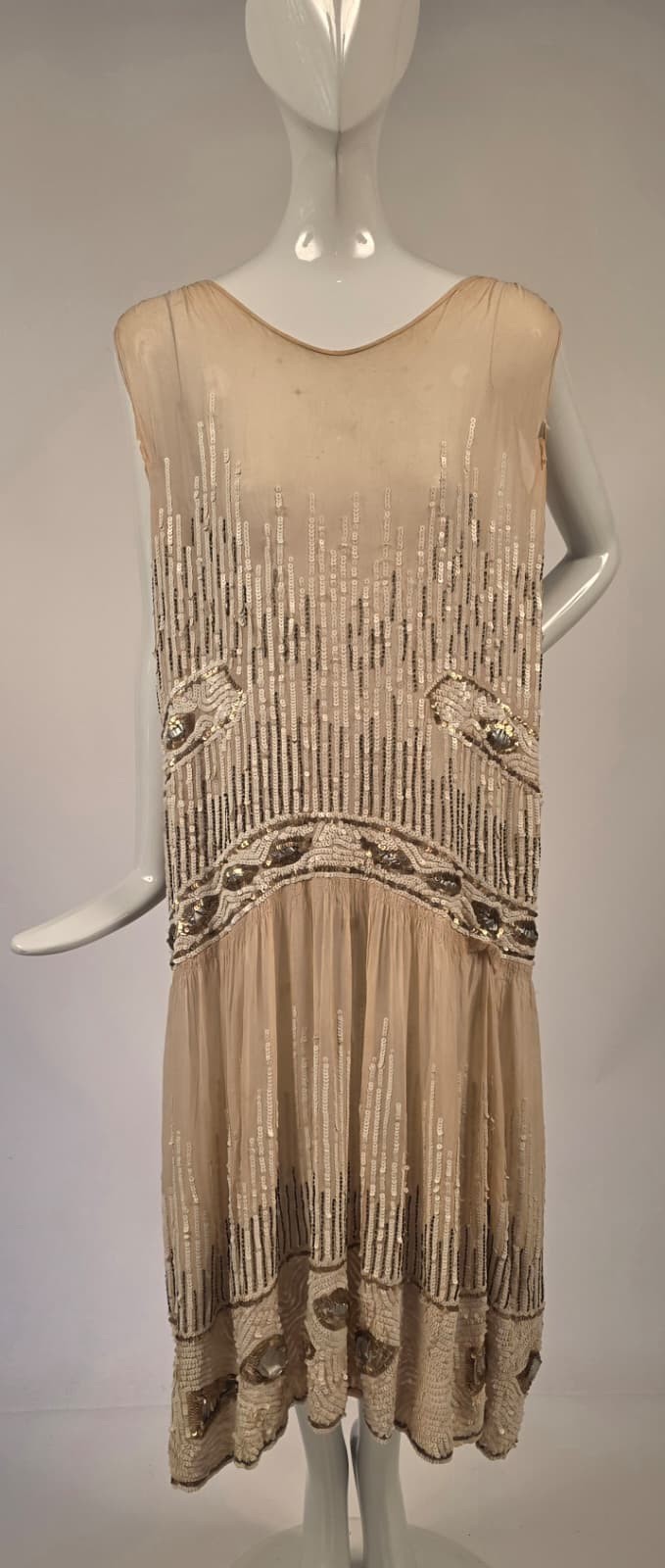 FRENCH COUTURE FLAPPER 1920’S SILK CHIFFON DRESS W SEQUINS + BEADS + SILVER LAME