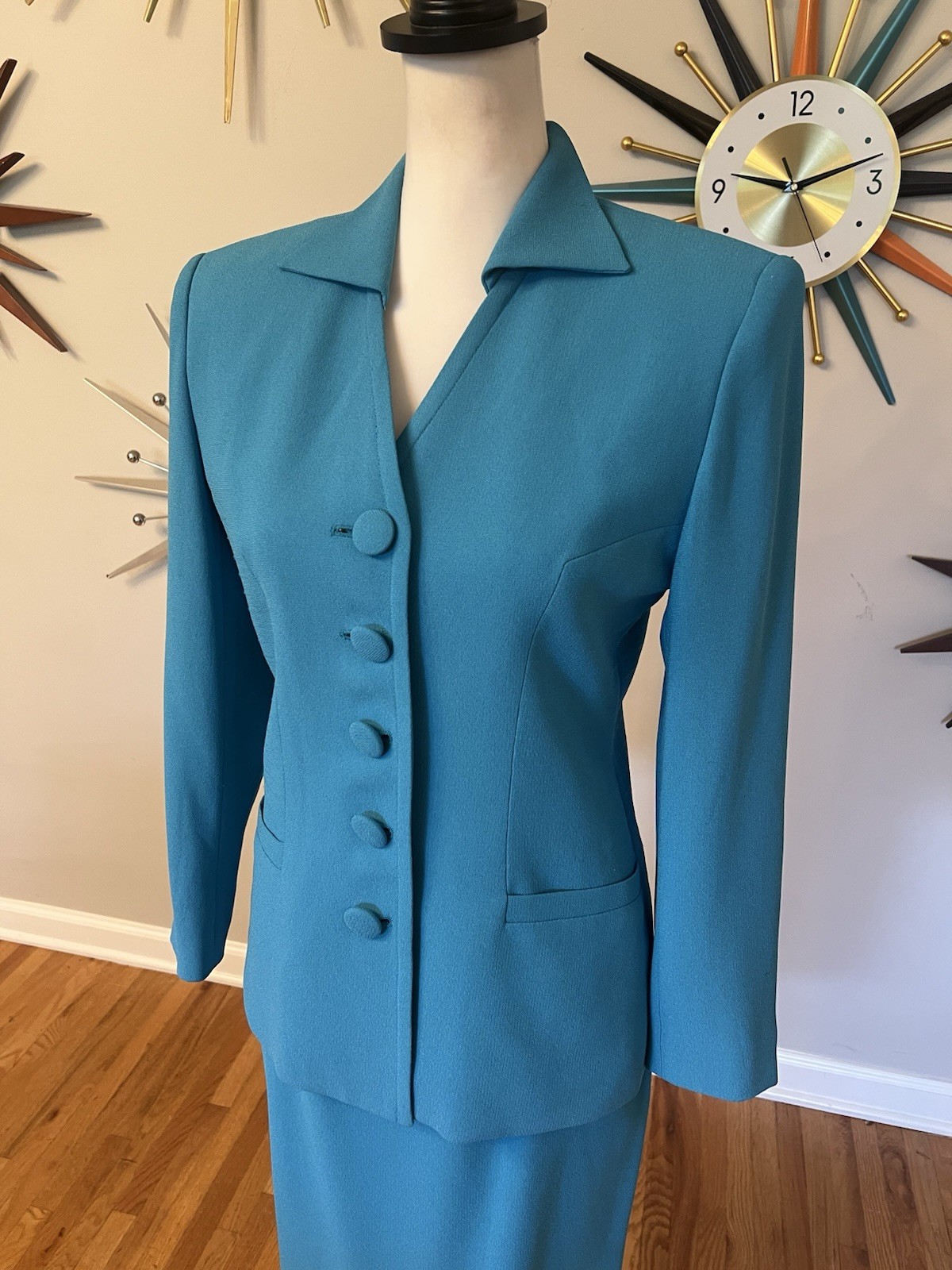 VTG Christian Dior Size 2 1980s 2Pc Turquoise Blue Skirt Suit Set