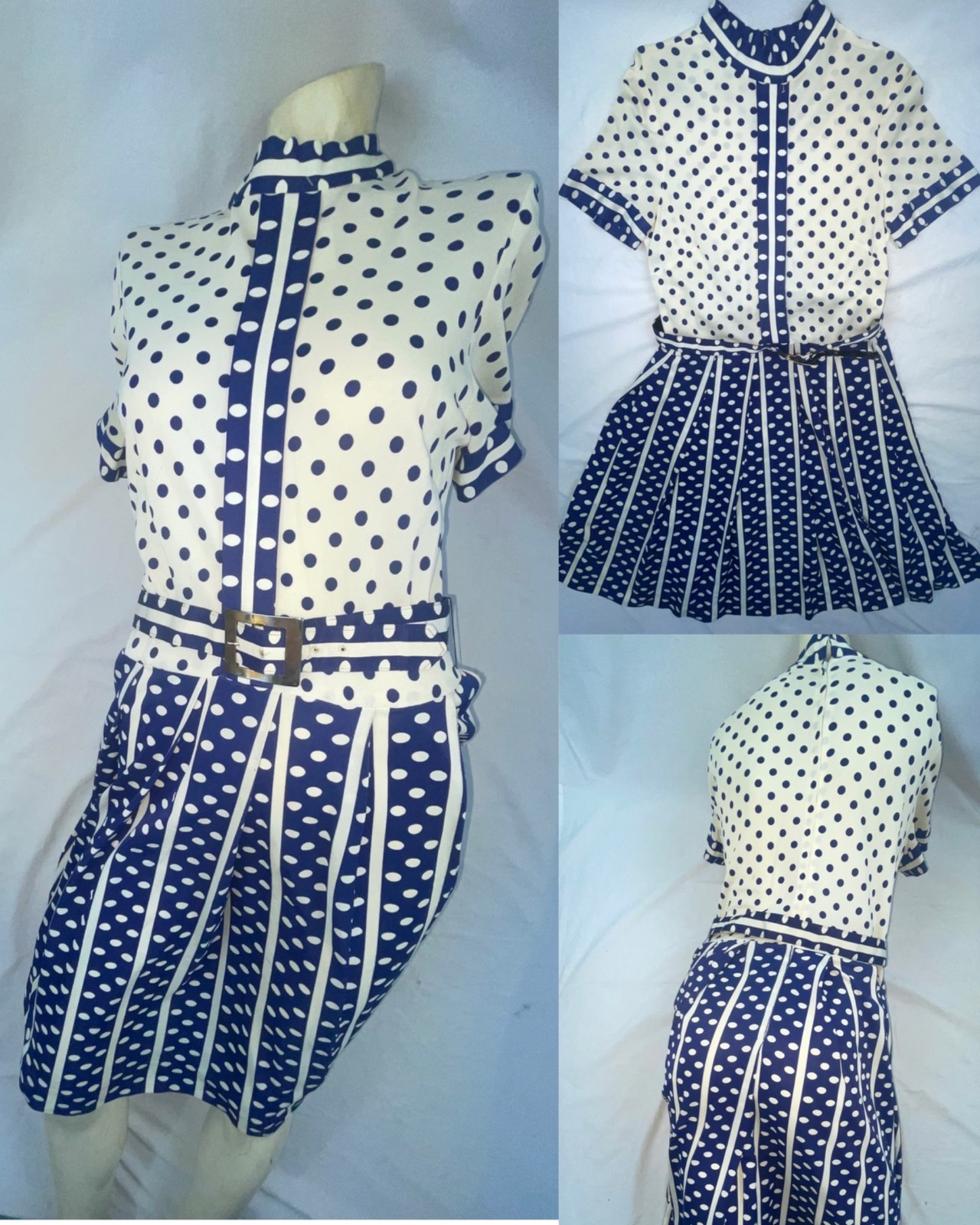 VTG 60s 70s Womens S Polka Dot dISCO Blue Stripe Scooter Go Go Belted DRESS