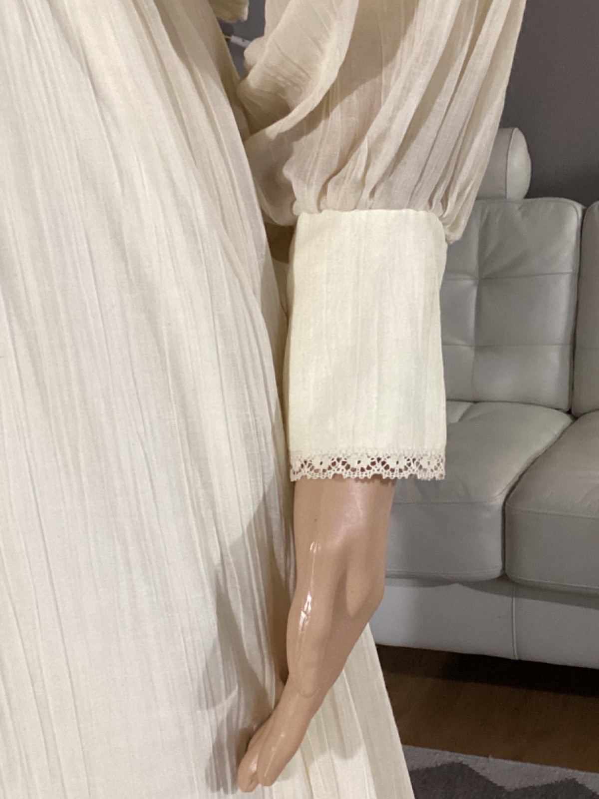 Vintage 1970&rsquo;s Creamy Ivory Gauze Boho Hippie Prairie Maxi Dress Lace Sz 12