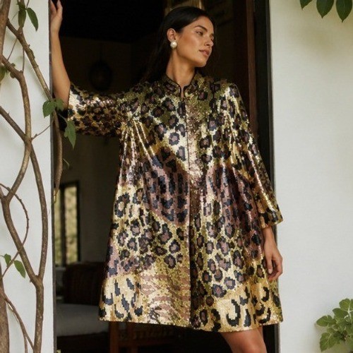 Vintage Silk Sequin Leopard Print Duster Coat Gold Bronze Medium Glam Mob Wife