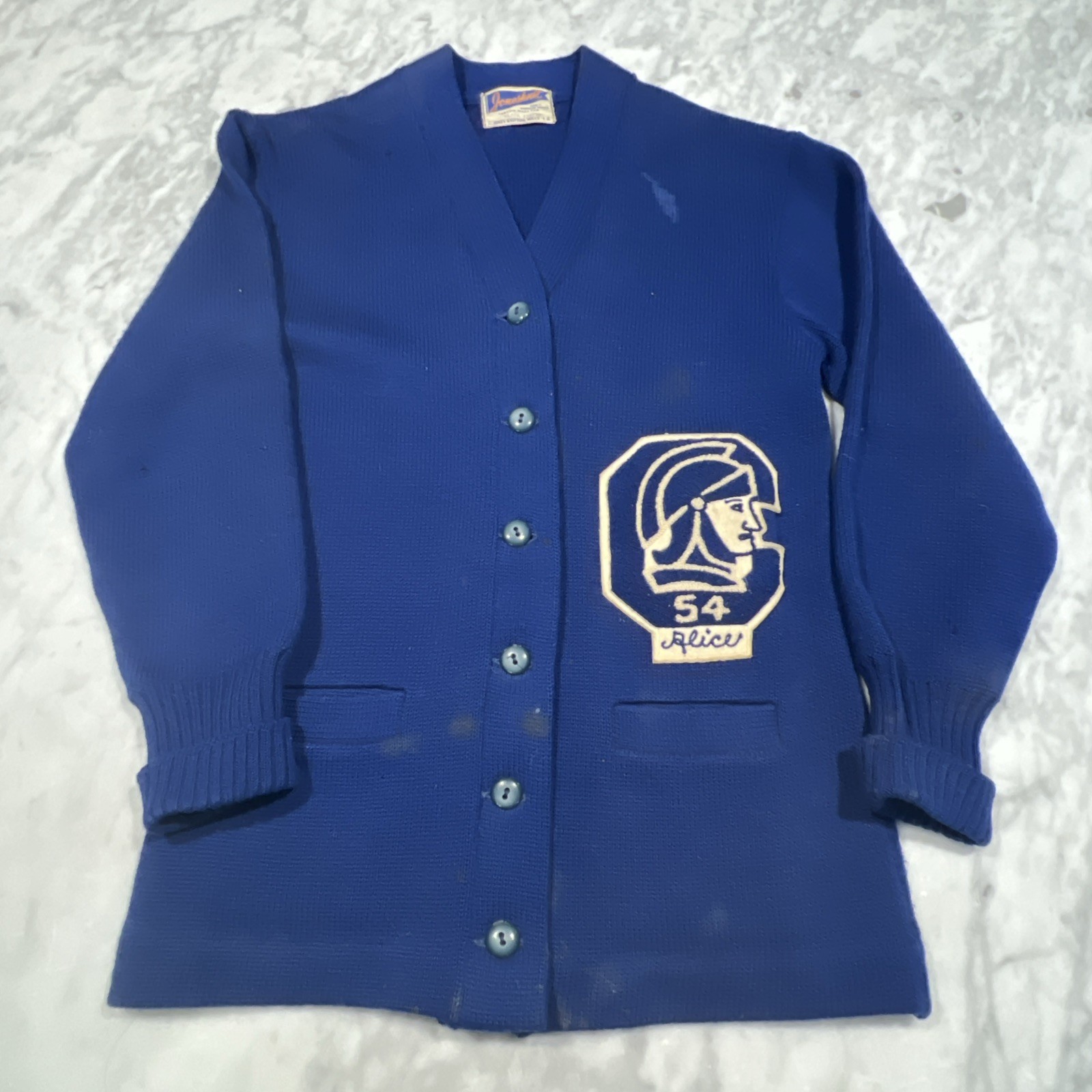 Vintage Jonesknit Varsity School Sweater Wool Women’s School Patch Stains Holes