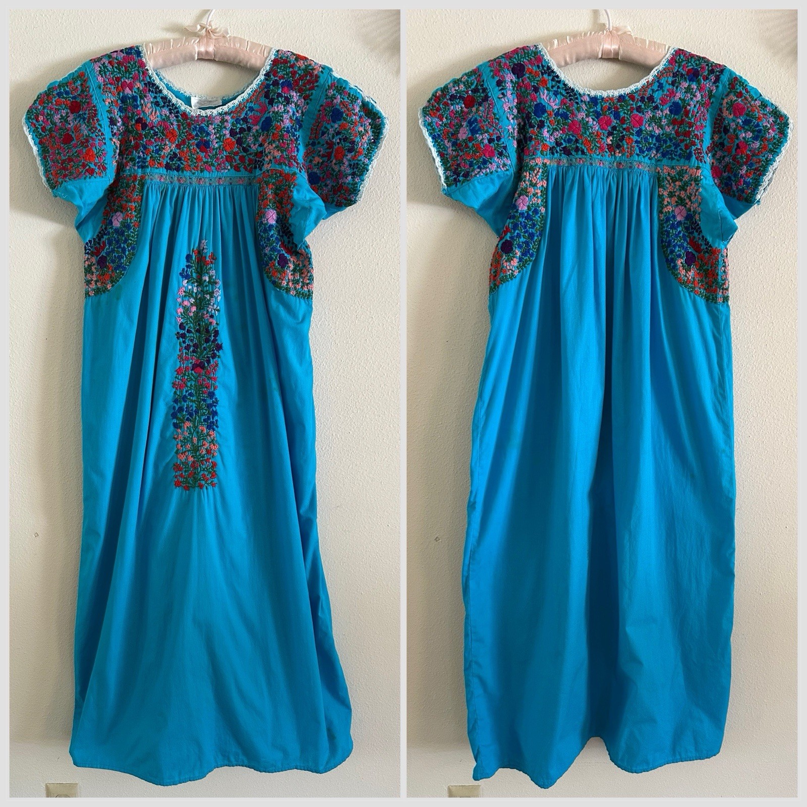 1970s Cotton Oaxacan Mexican Huipil Dress Embroidered Maxi STAINED AS IS Vintage