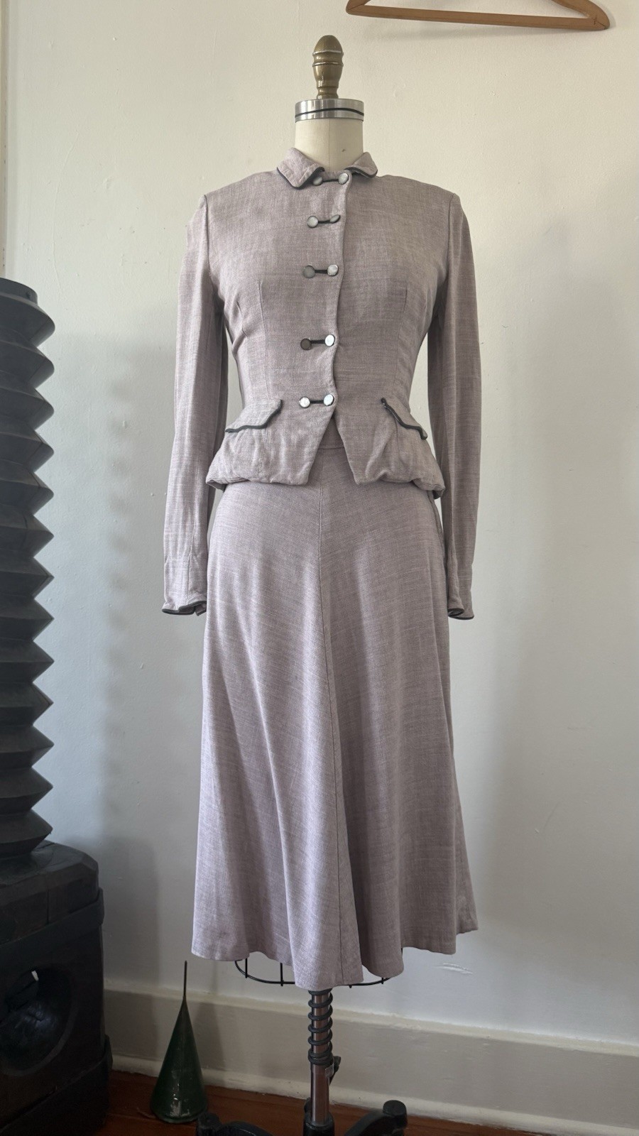 Vintage 30s 40s Heather Mauve Pink Linen Rayon Peplum Jacket & Skirt Suit Set XS