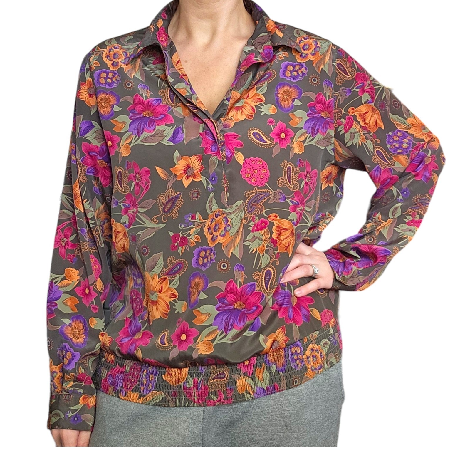 VTG 80s 90s L Green Floral Longsleeve Blouse Colorful Collared Smocked Waist