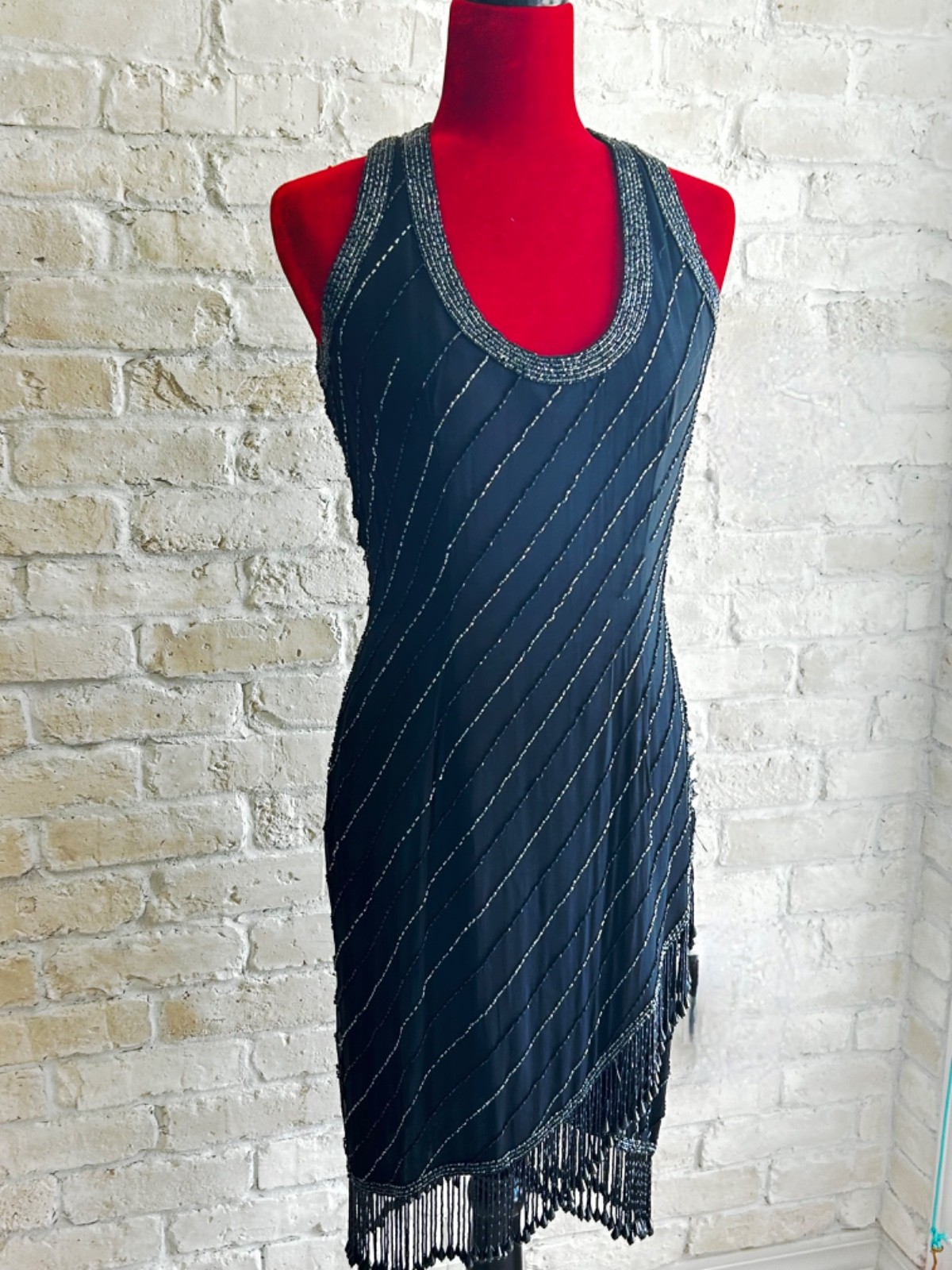 1990s Silk Beaded Fringe Dress: Vintage Black Tie Gatsby Gown (Size 8)