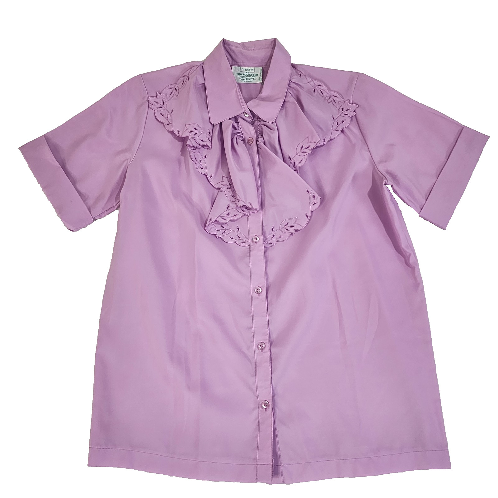 Vintage M Lilac Purple Ruffle Button Blouse Cut Out Flowers #1462
