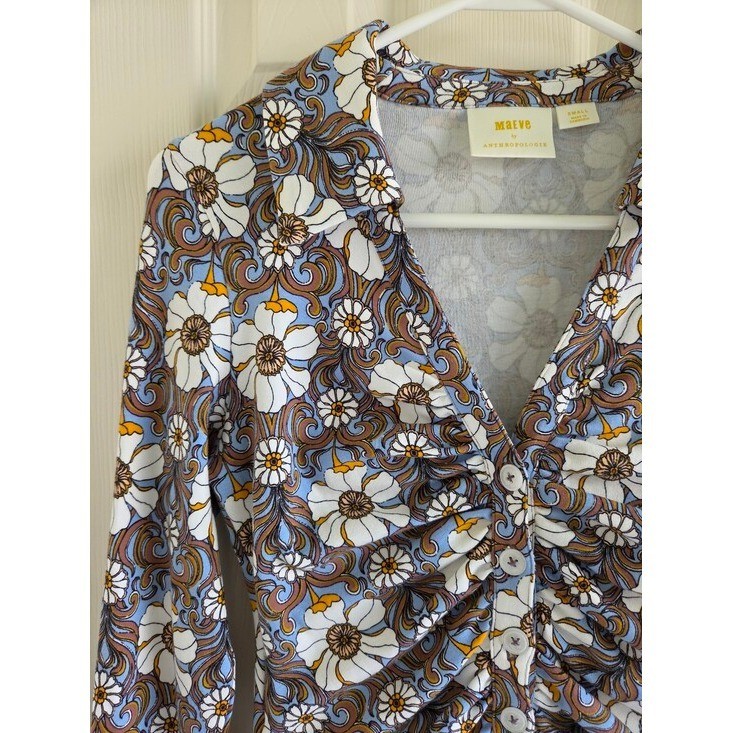 Maeve Anthropologie Retro 70s Floral Ruched Button Down Top Blouse Brown Blue S