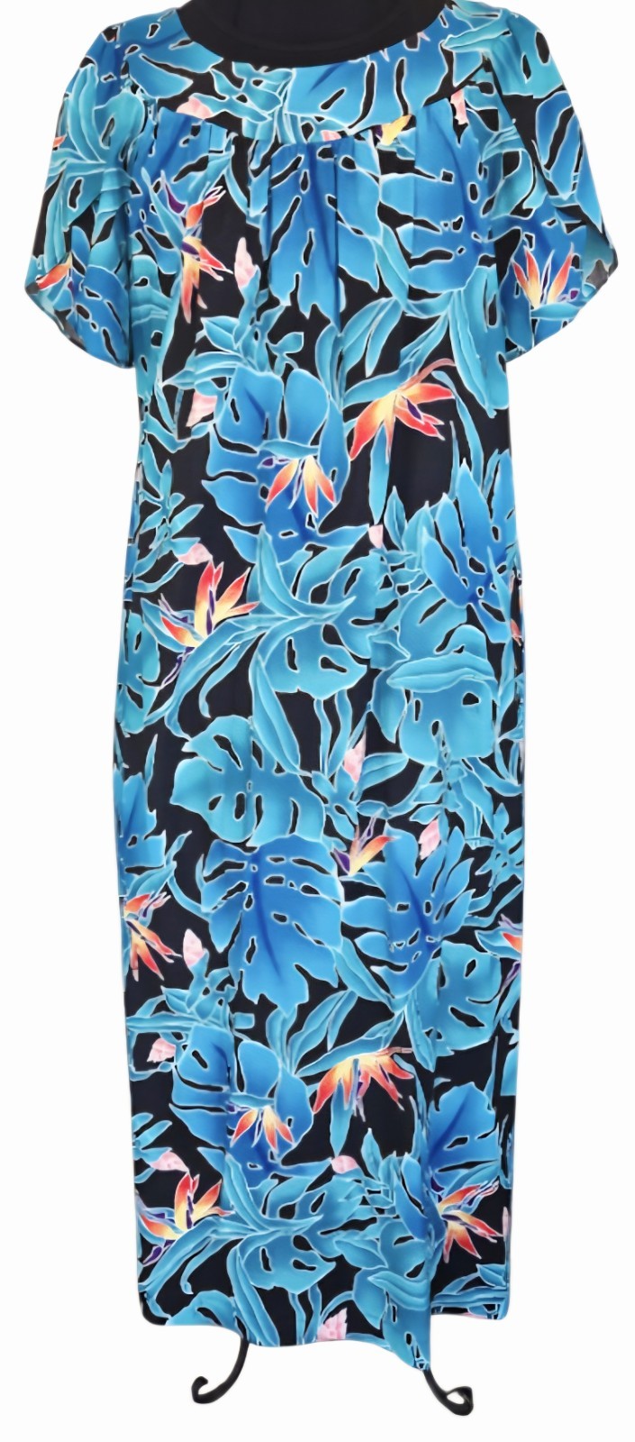 1970s HILO HATTIE Blue & Black Birds of Paradise Hawaiian Cotton Muumuu Size L