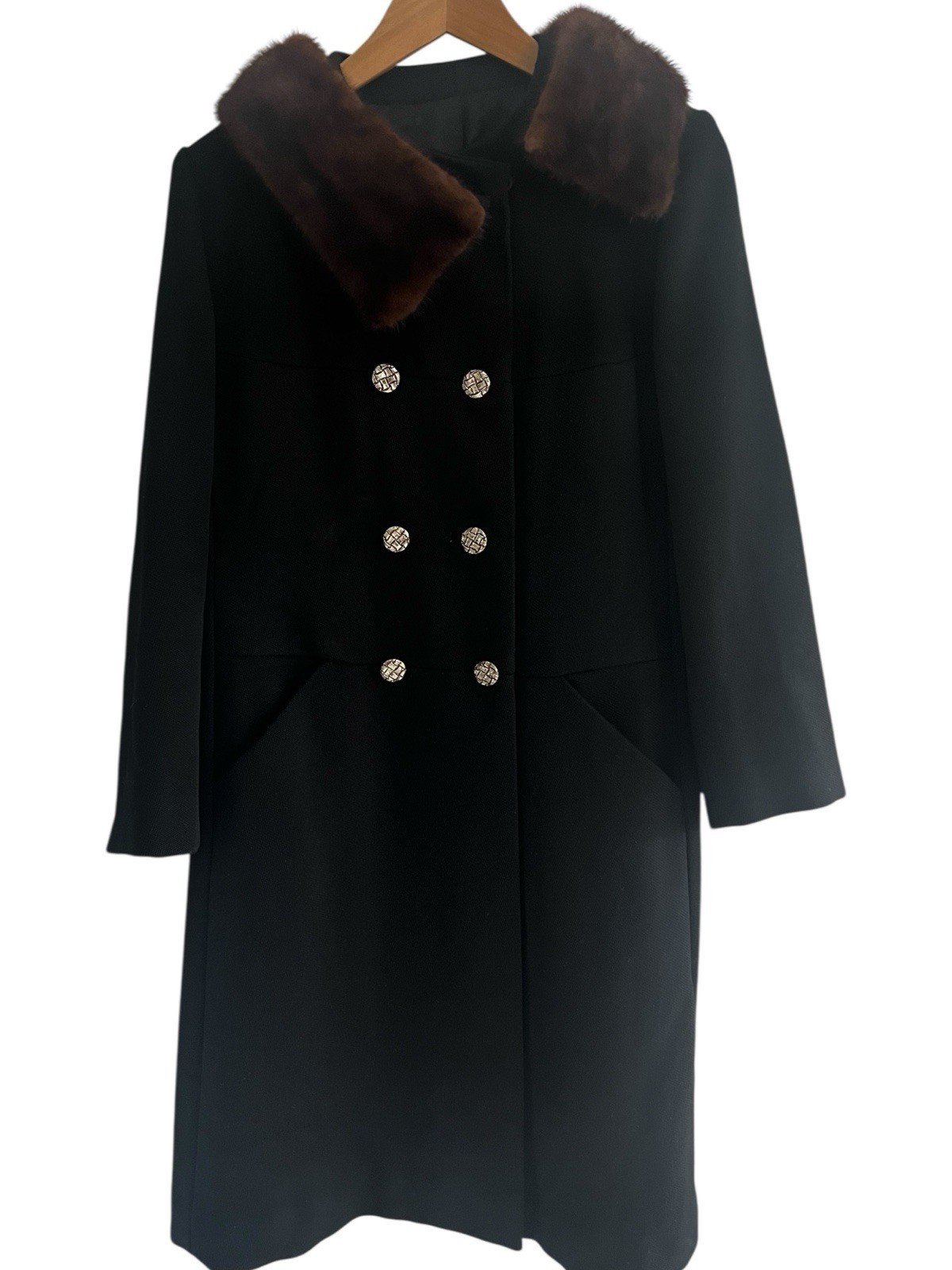 VTG Black Wool Coat w/ Mink Collar Double Breasted Tailored Boutique Coat S/M