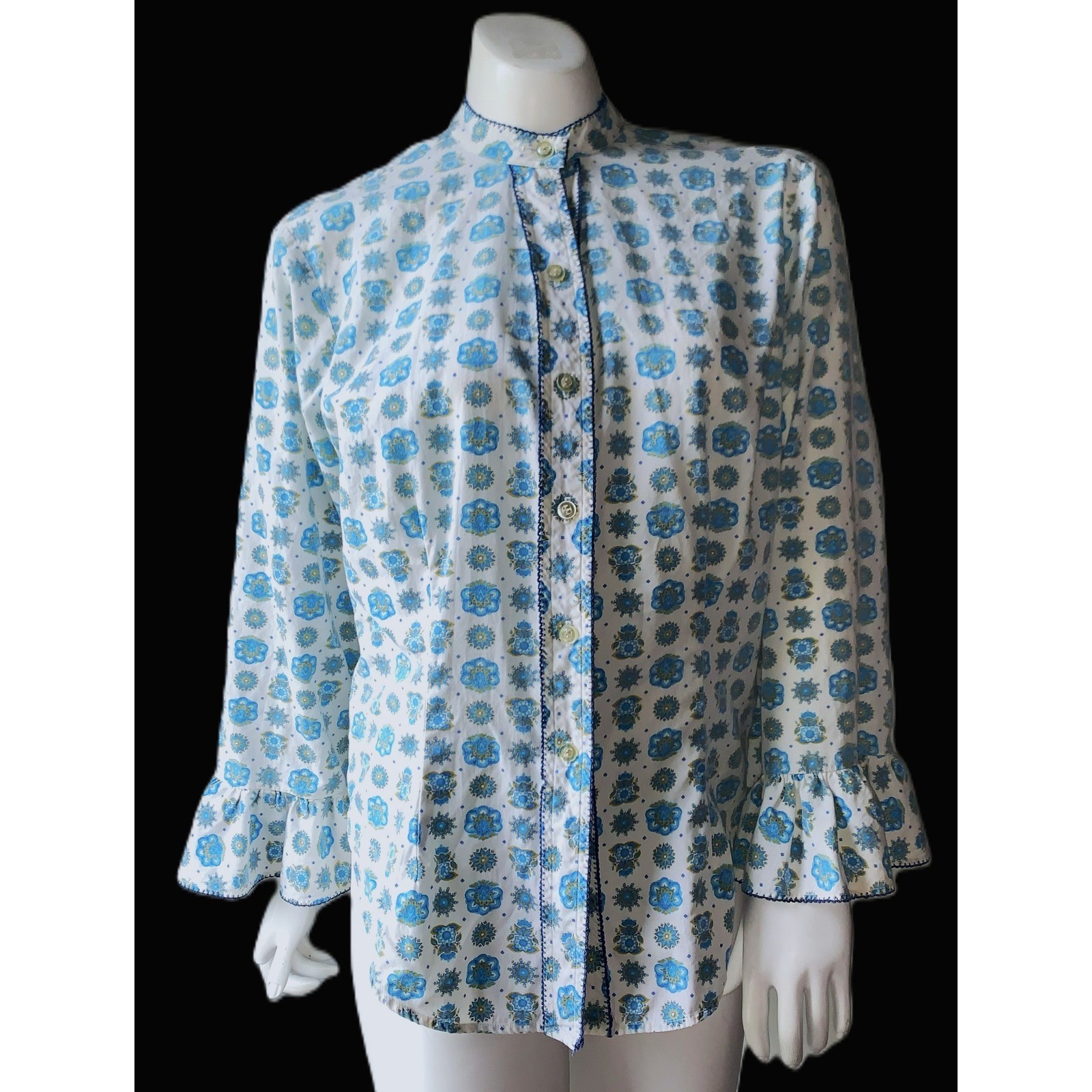 1950s-60s Retro Rockabilly Cotton Blouse Shaped Hem Picot Trim 3/4 Sleeve 37&Prime;B