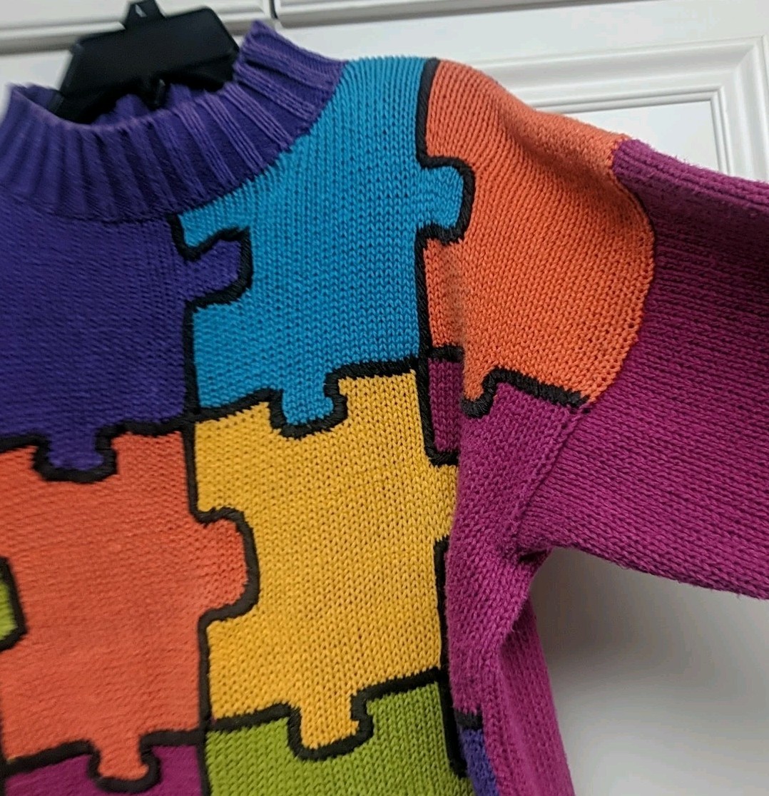 Vintage Reference Point Puzzle Pieces Color Block Sweater Sz M Medium