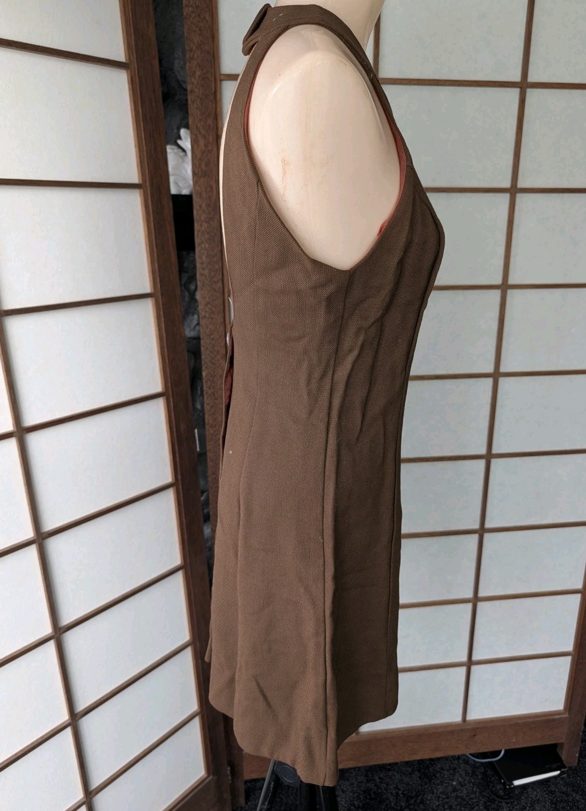 Vintage Brown Tweed Mini Dress Summer Sun Halter Open Back 1970s ILGWU Sz XS
