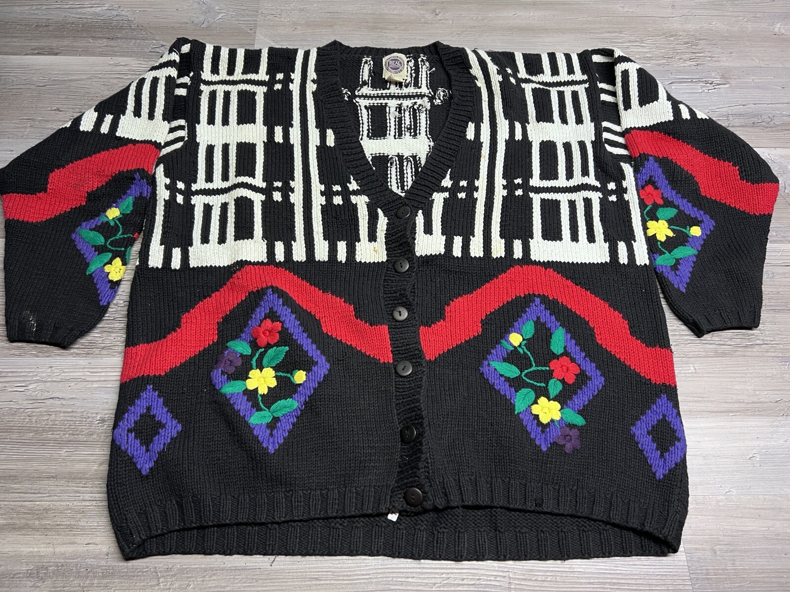Vintage 80s Real Clothes Saks Fifth Ave Geometric Knit Cardigan Womens L Cotton