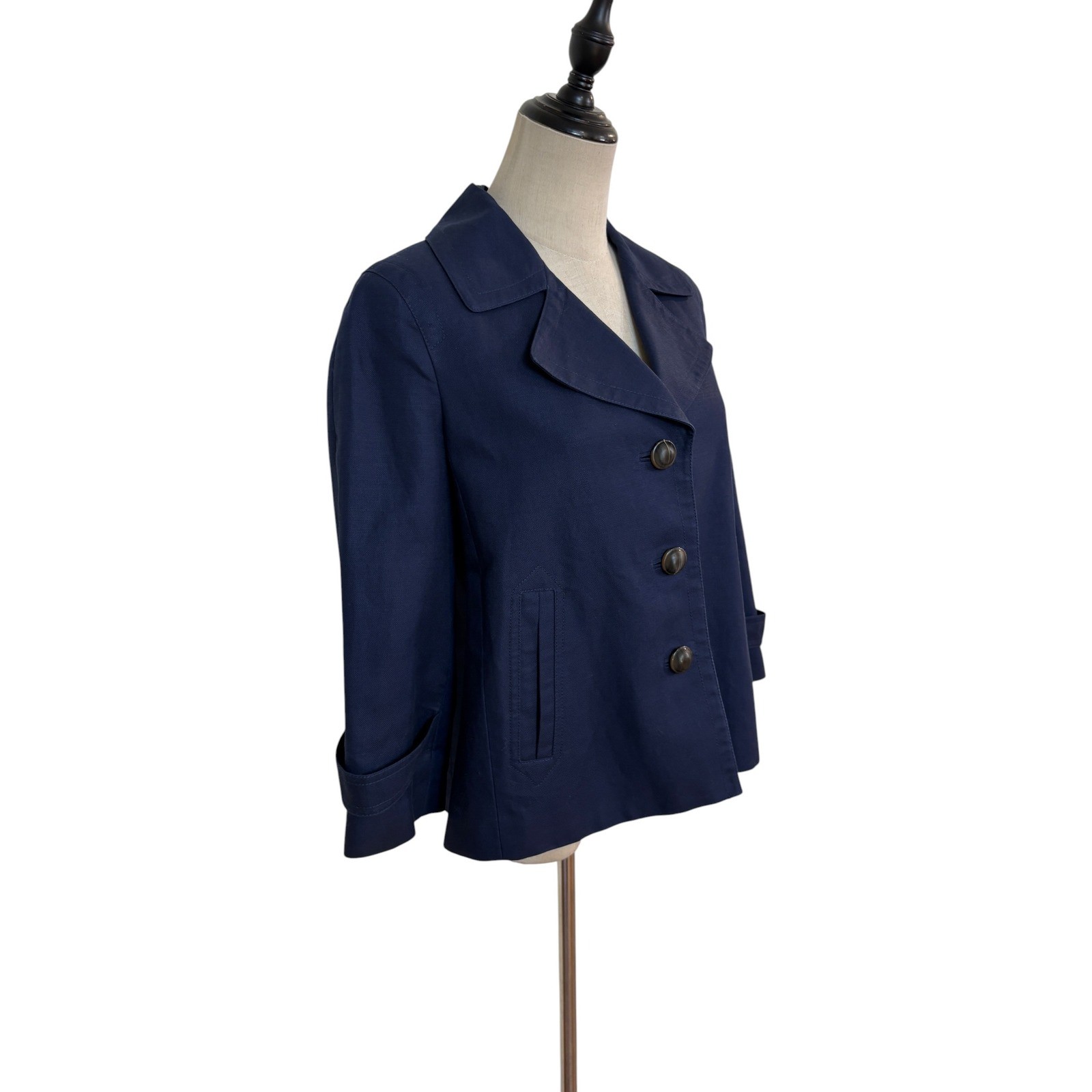 Talbots Linen Blend Jacket Navy Cropped Blazer Classic Preppy 6 mod minimalist