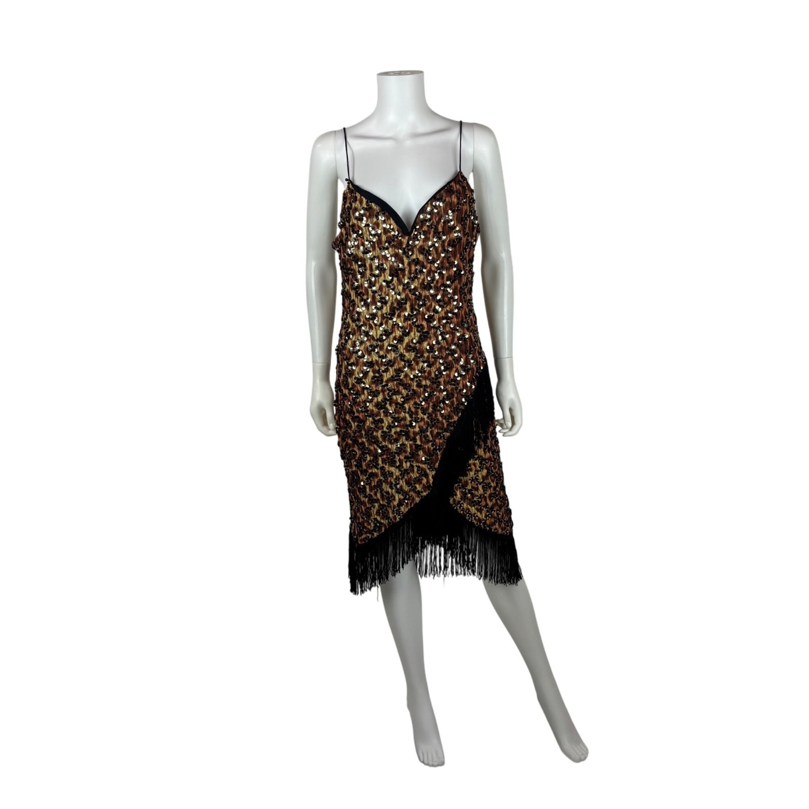 Vintage 90s Flapper Dress Womens Medium Leopard Style Print Sequin Party Fringe