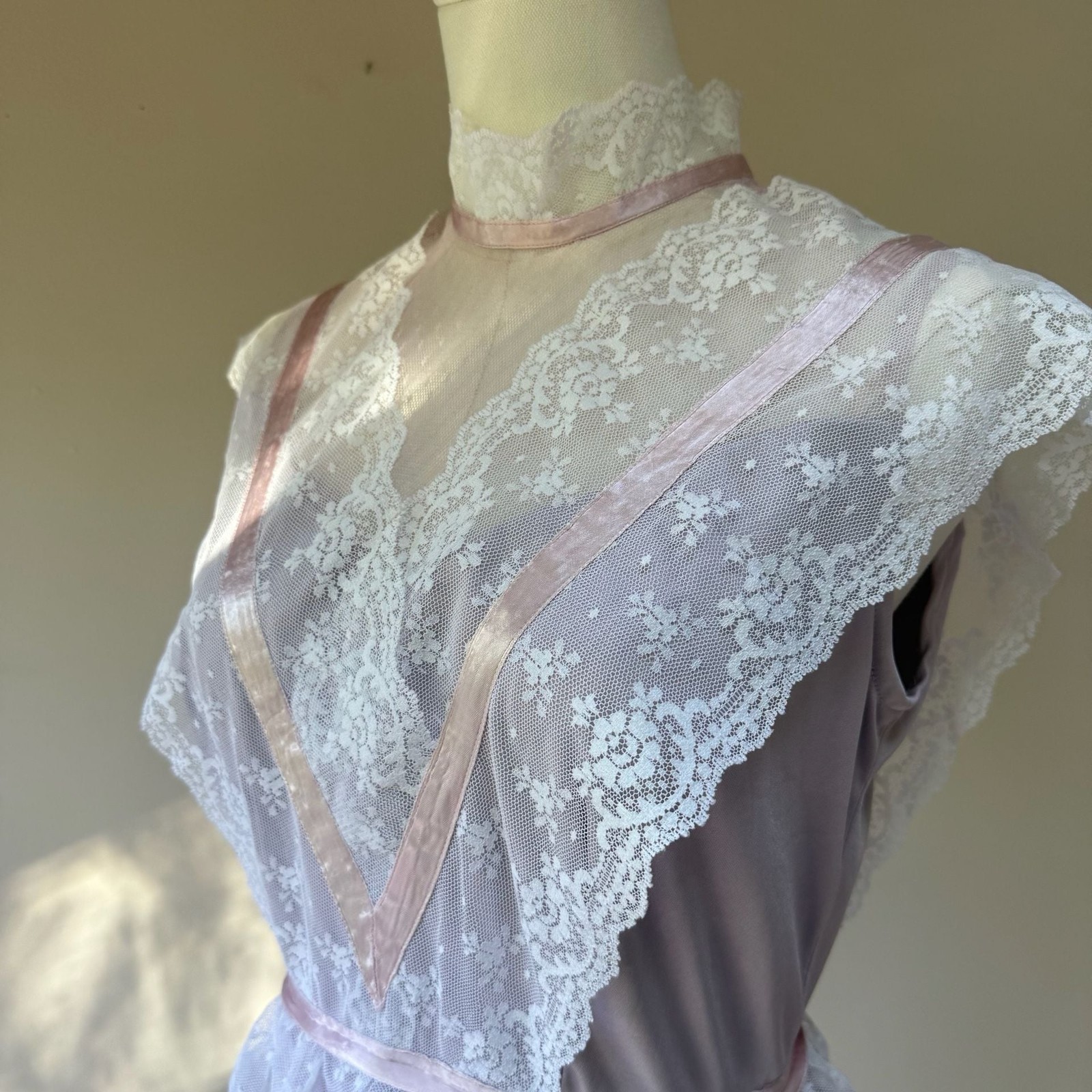 Vintage 1970s Lilac Pleated Lace Maxi Dress with Ribbon Peplum and High Neck