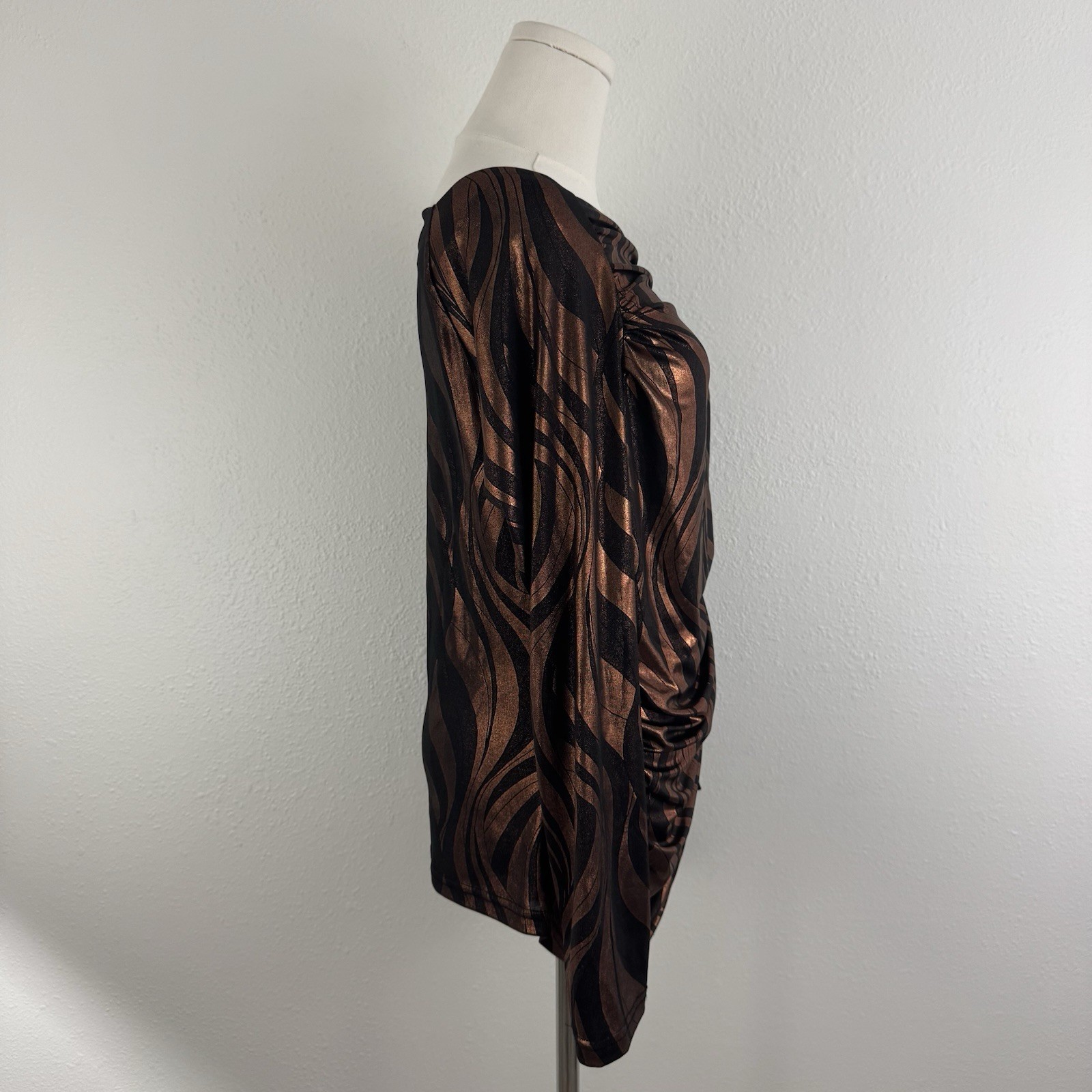 BALI Vintage 90s Brown Metallic Copper Swirl Ruched Stretchy Long Sleeve Top