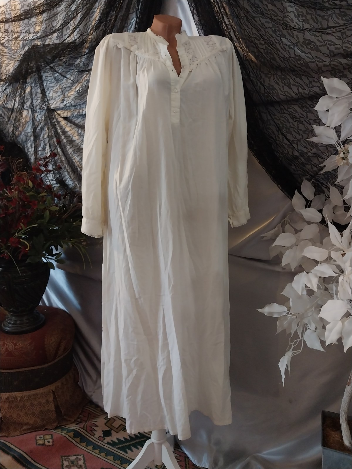 Vtg COTTON GAUZE MAXI ETHEL CAIN STYLE ESQUE PRAIRIE DRESS CROCHET LACE PIN TUCK