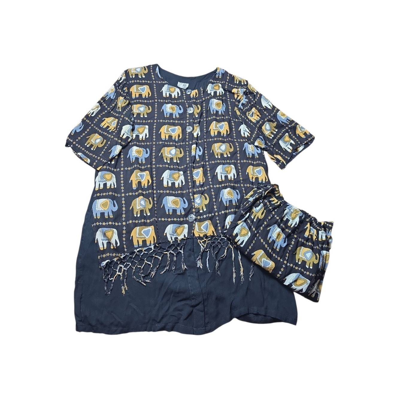 JEWEL QUEEN | Vintage Elephant Print Two-Piece Button Down Tunic Pants Set | XL