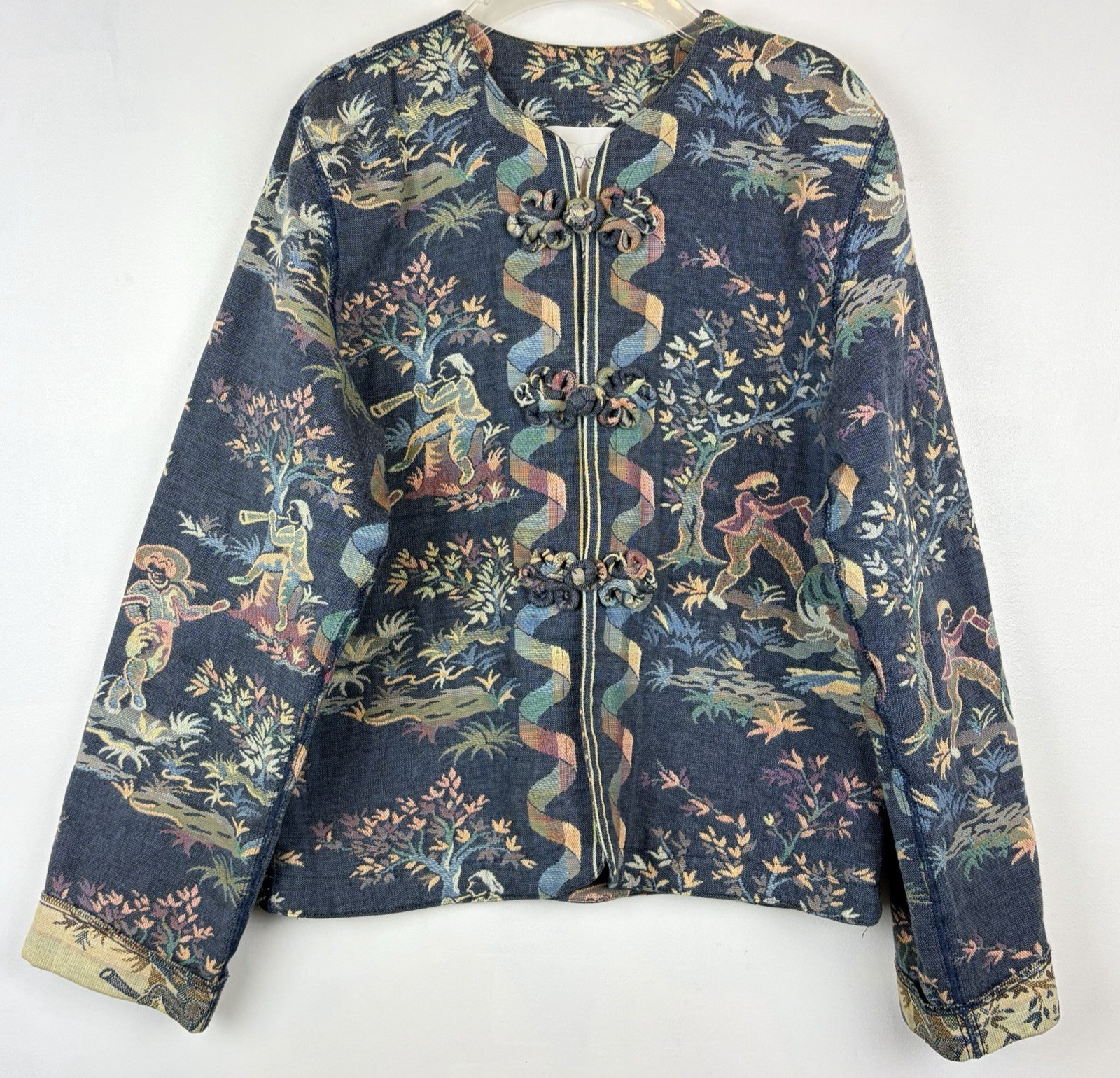 Vtg Doncaster Special Folk Toile Tapestry Art To Wear Jacket Sz 6 Frog Closure
