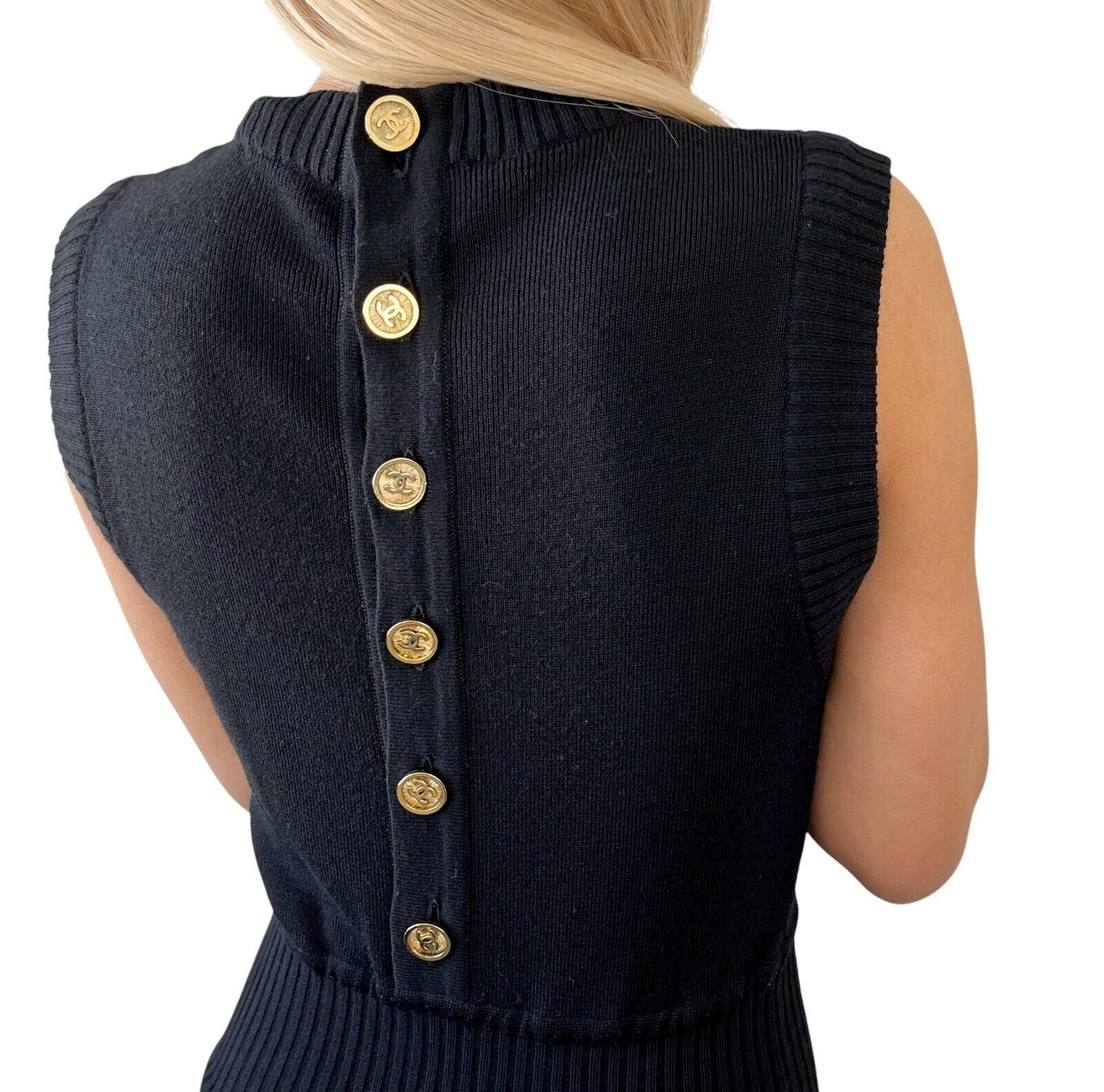 CHANEL Vintage CC Mark Logo Knit Jumpsuit Rompers Sleeveless Button Black 105312