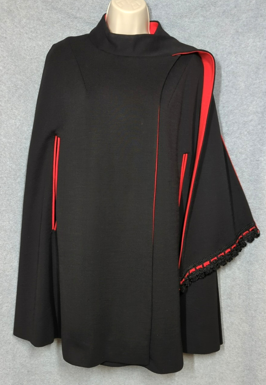 Vtg Alfred Werber Cape S Black Wool Red Attached Scarf High Fashion 1960&rsquo;s Chic