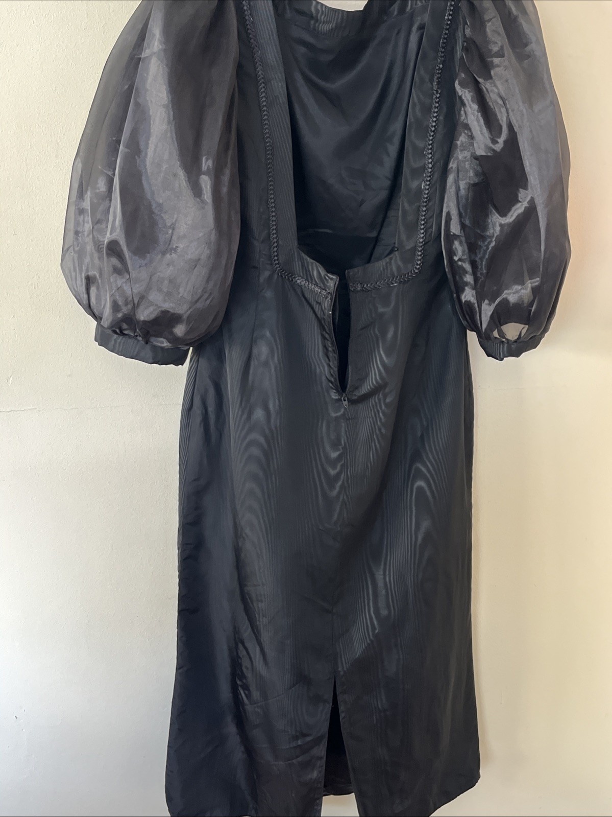 Vintage 1980s L Square Neck Low Back Large Puff Sleeves Taffeta Midi Dress