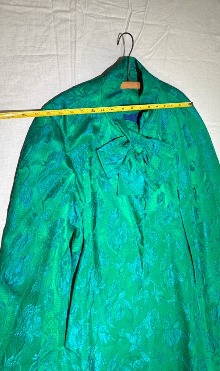 Vintage Custom Tailored Teal Green Blue Jacquard Floral Long Opera Cape-One Size