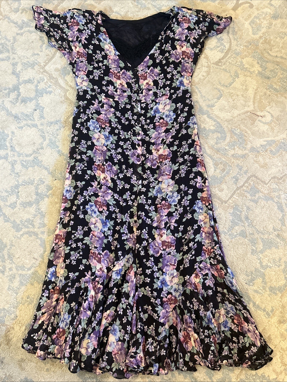 Nostalgia A Line Dress Ruffle Hem Black W/ Purple, Pink, Blue Floral Size Small