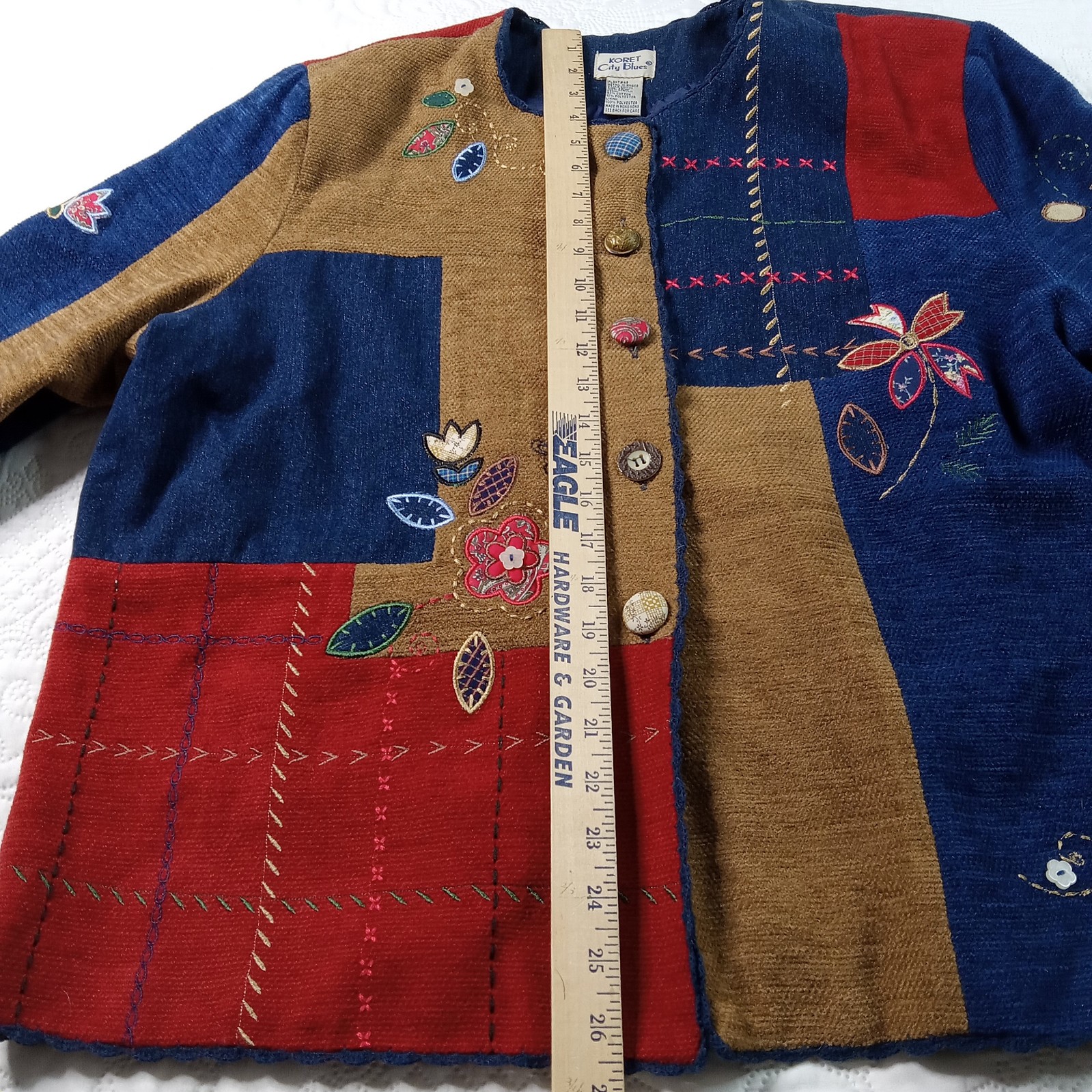 Koret City Blues Patchwork Jacket W-16 Mixed Media Lined Embroidery Vtg 90s Flaw