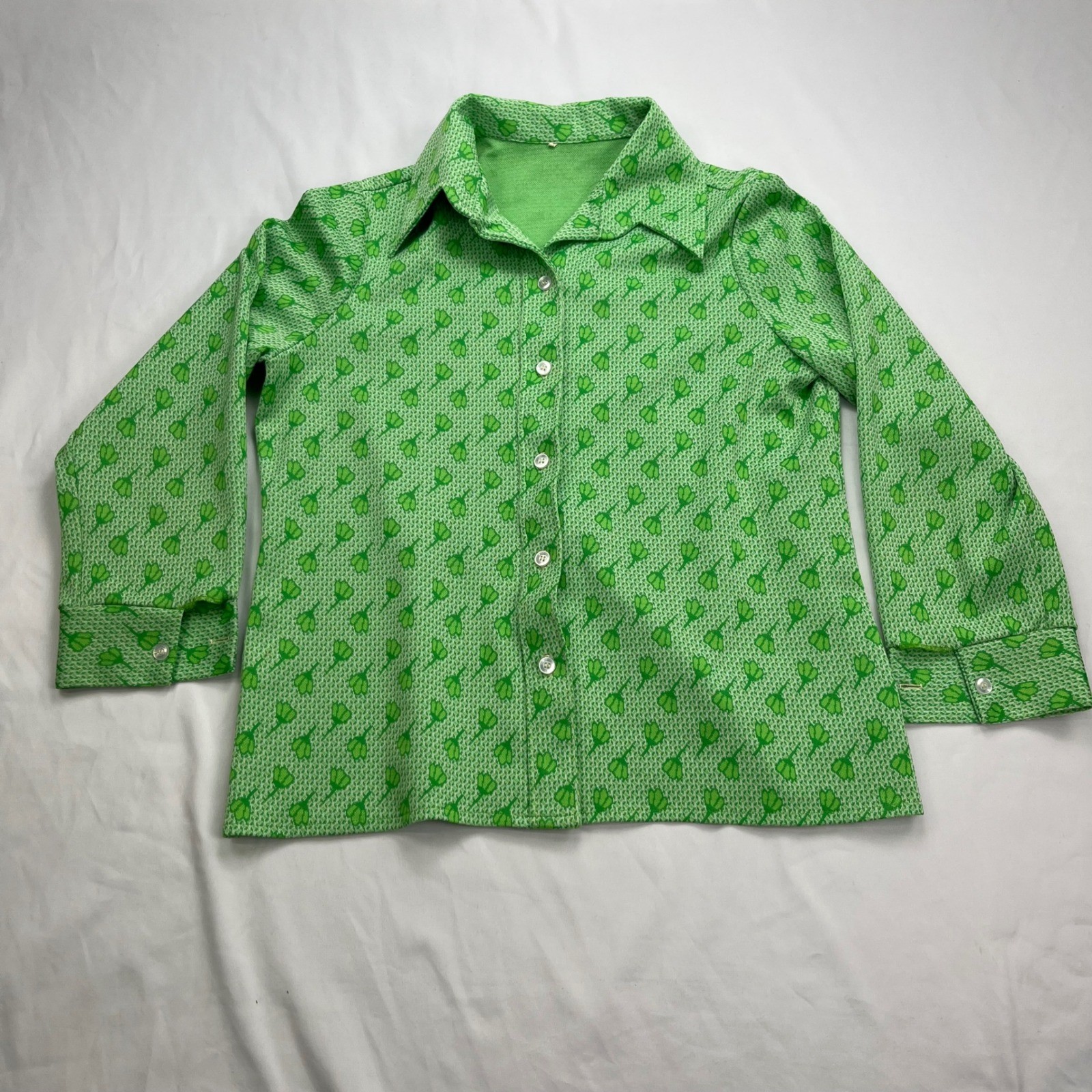 Unbranded Vintage 70s Retro Disco Floral Green Knit Button Front Blouse