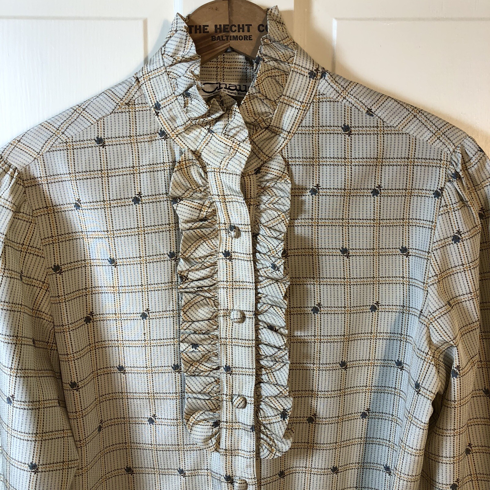 Windowpane and Floral Ruffled Prairie Blouse Sz M