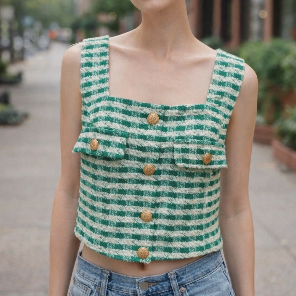 Aqua Vintage 60&rsquo;s Style Tweed Top – Green & White with Gold Buttons