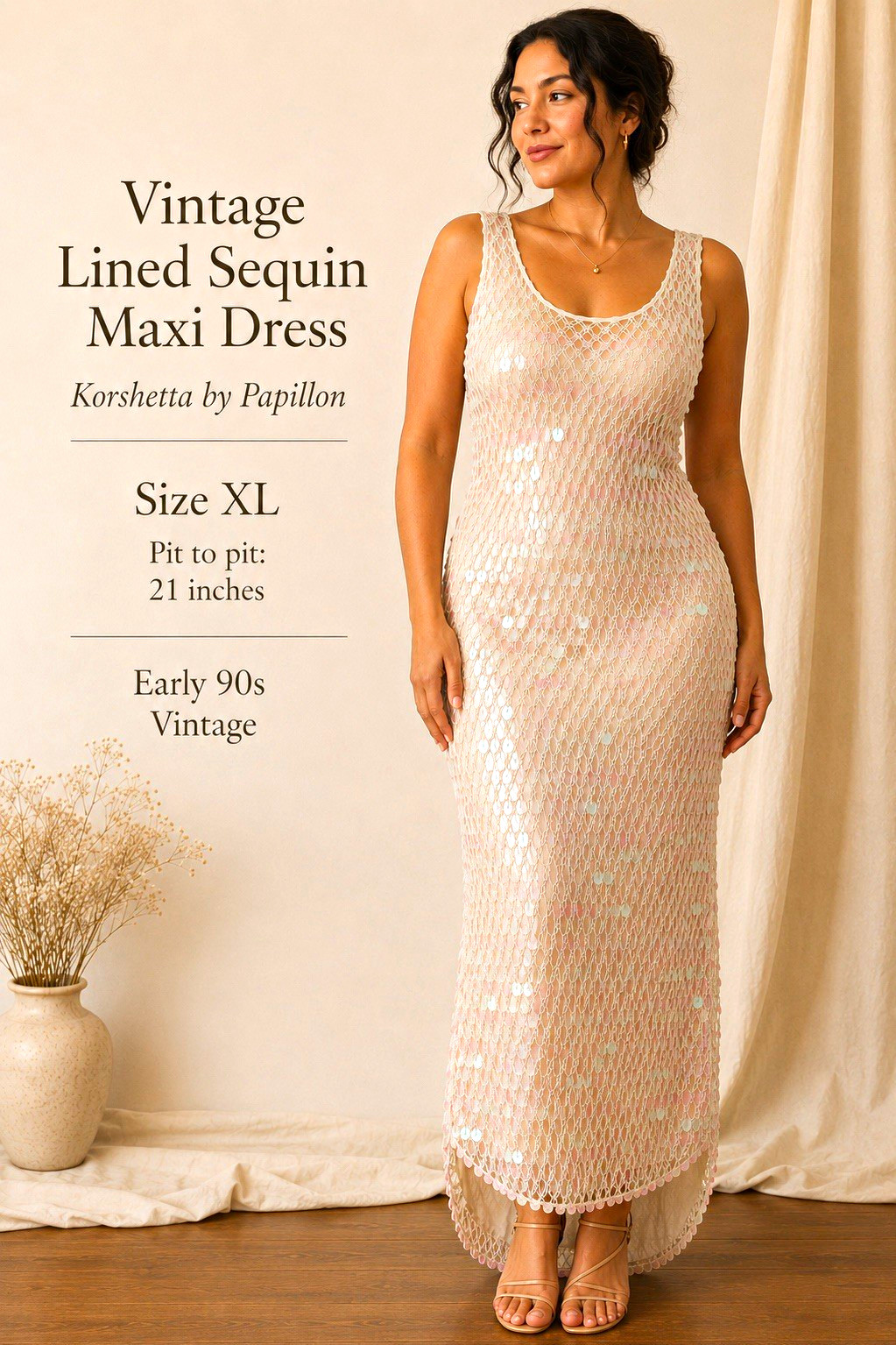 Korshetta by Papillon Vintage 1990s Lined Sequin Maxi Dress XL Cream/irridecent