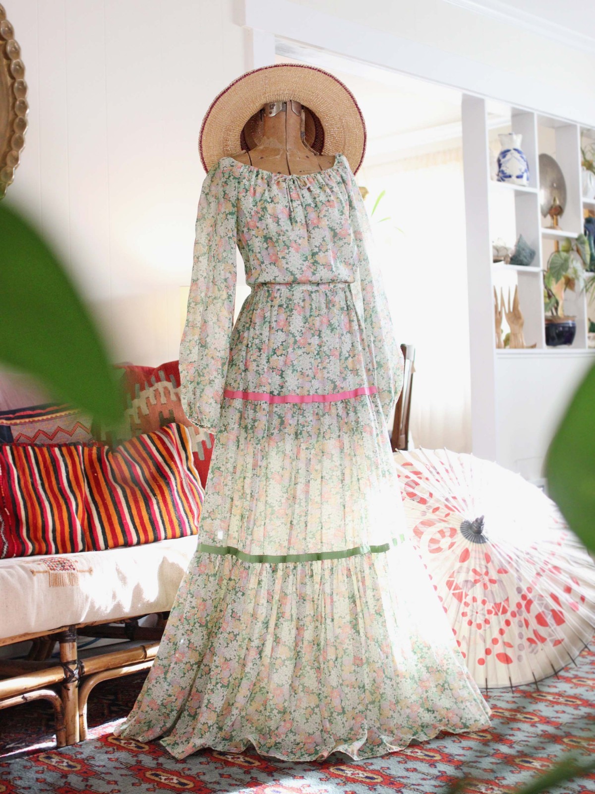 Vintage 1960s Floral Cotton Voile Gauze Maxi Dress Poet Sleeve Bohemian Prairie