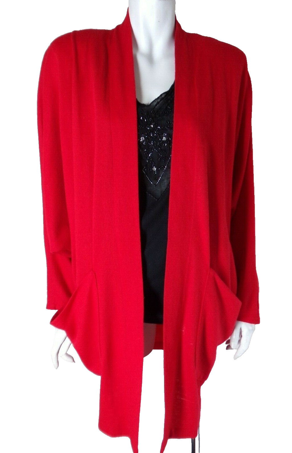 ARTHUR MAX L Jacket Cardigan Dolman Drape Red Wool Jersey Open USA Vtg 80s