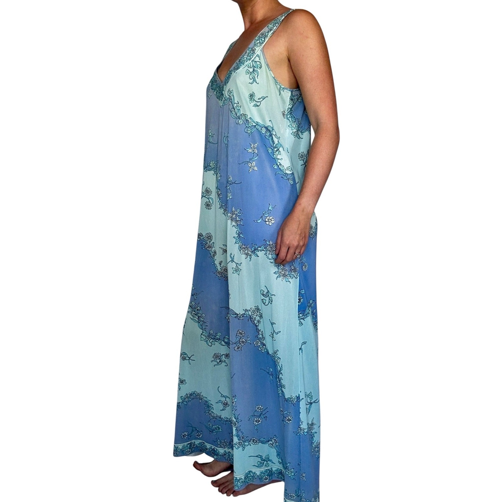 Vintage 1970s EMILIO PUCCI for Formfit Rogers Blue Floral Nylon Maxi Dress Slip