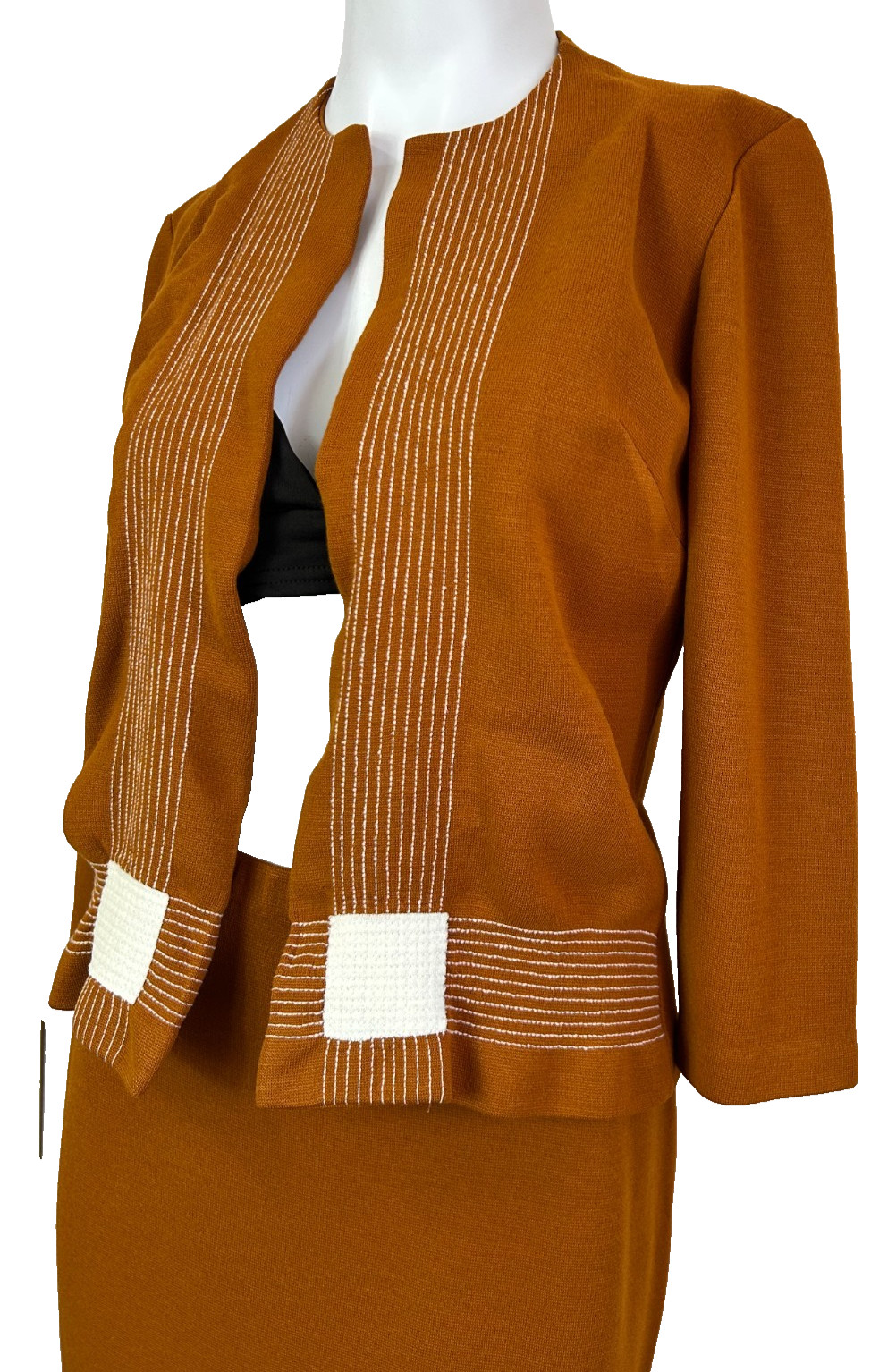 70s Cintura Knit Skirt Suit Size Small Nutmeg Jacket Open Front Top Stitch EUC