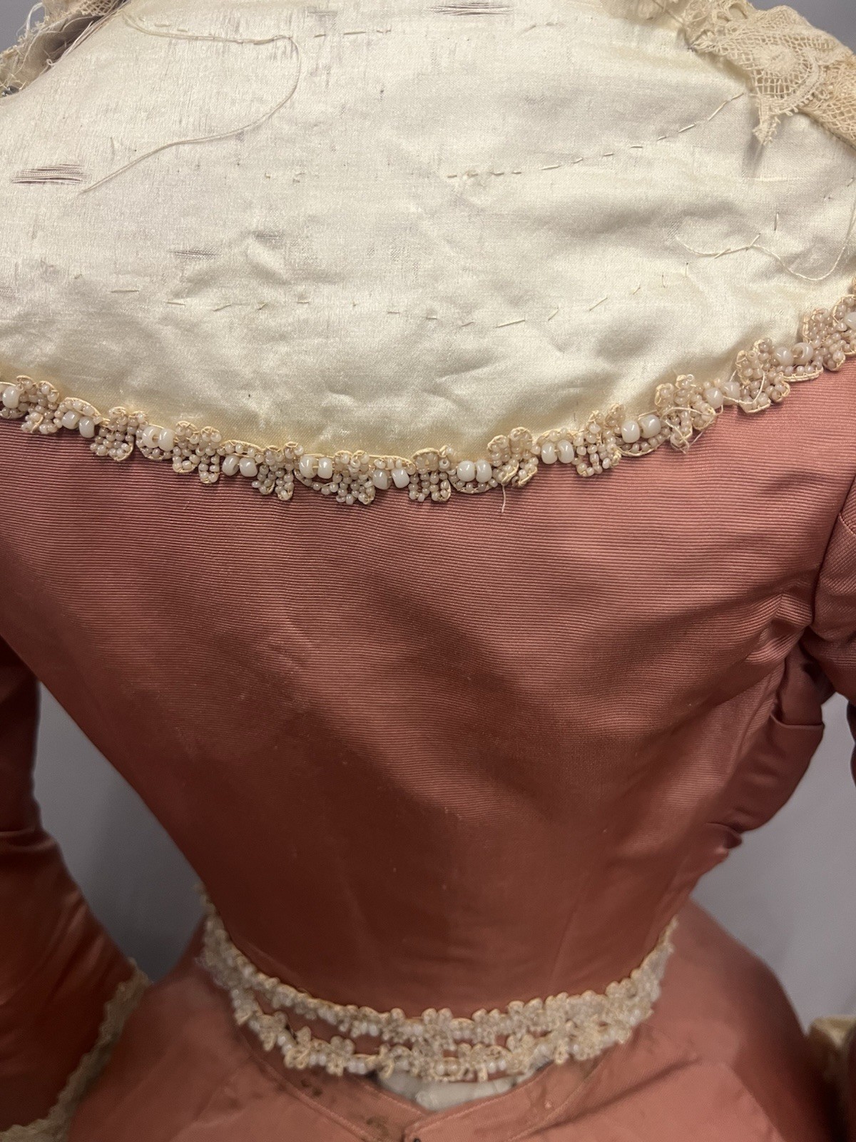 1890’s Peach Silk Faille & Lace Bustle Dinner Gown