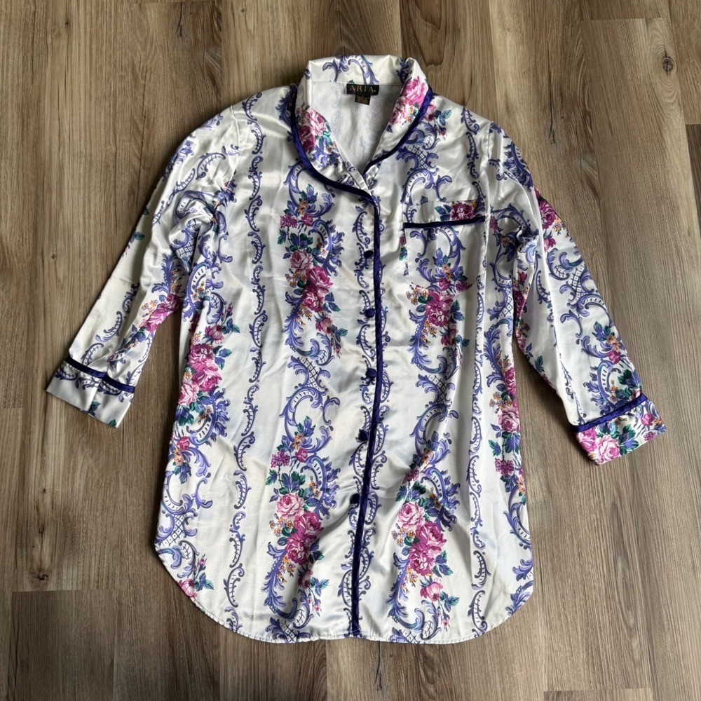 Vintage Floral Satin Nightshirt Purple Pink Rose Button Front Sleep Dress Small