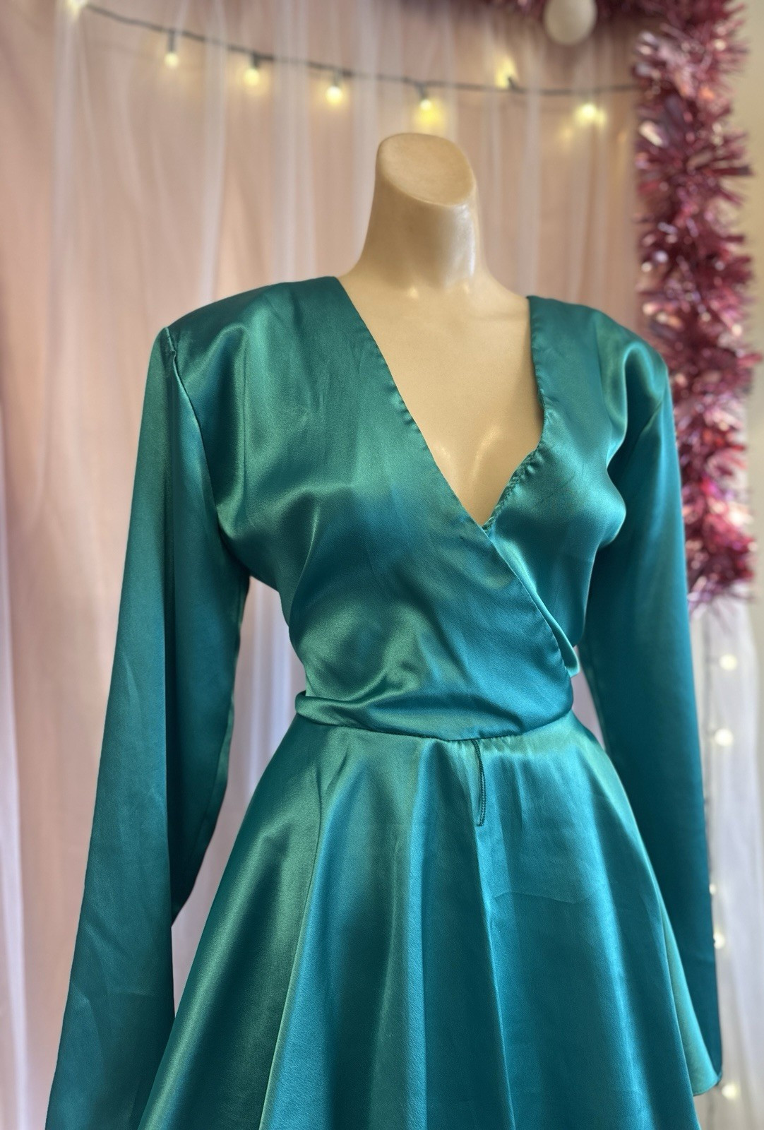Vintage 80s Green Liquid Satin Peplum Dress New Wave V Neck Cocktail L